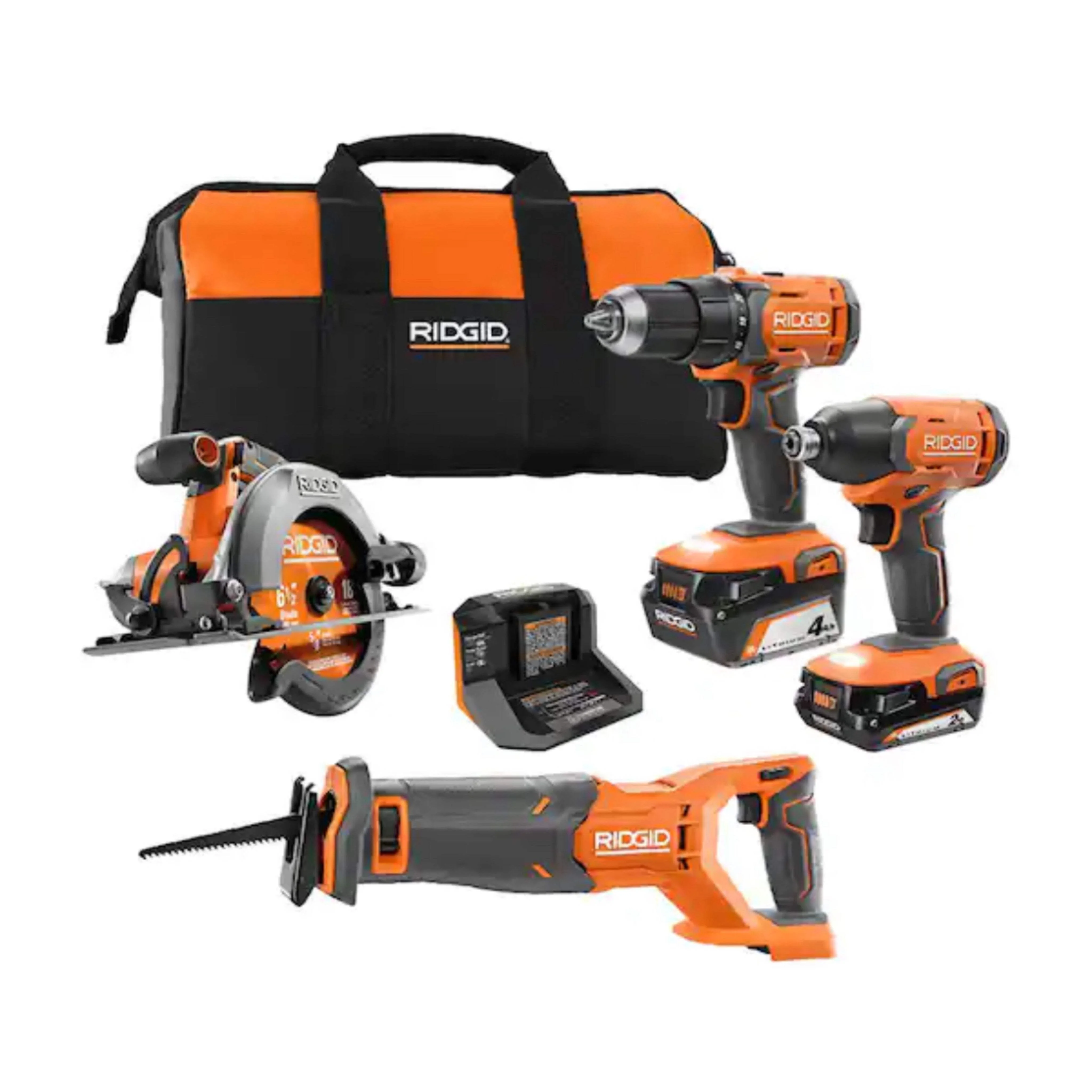 RIDGID 18V Cordless 4 - Tool Combo Kit with (1) 4.0 Ah Battery, (1) 2.0 Ah Battery, Charger, and Bag