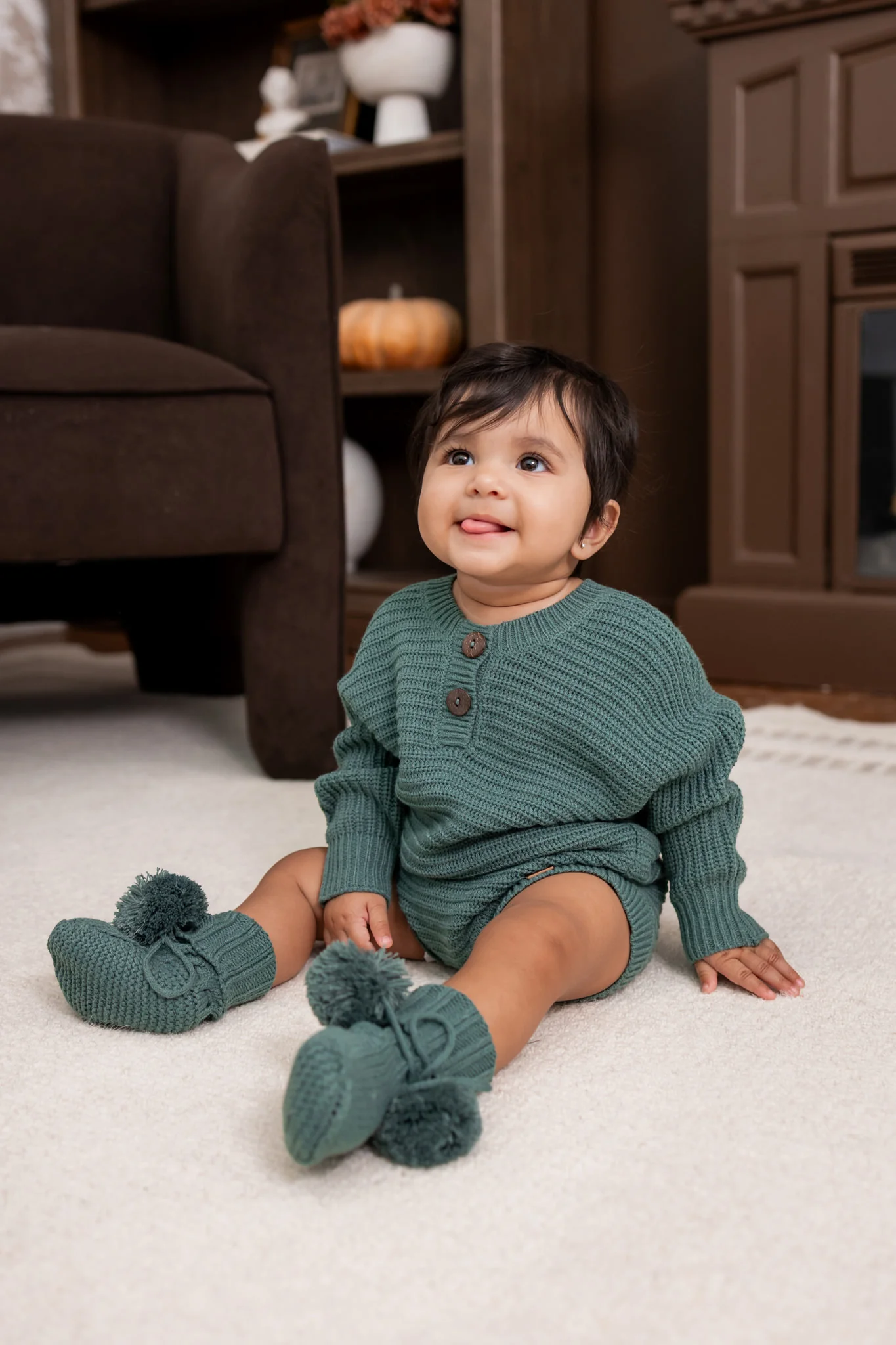 Chunky Knit Romper Set with Beanie & Booties in Pine