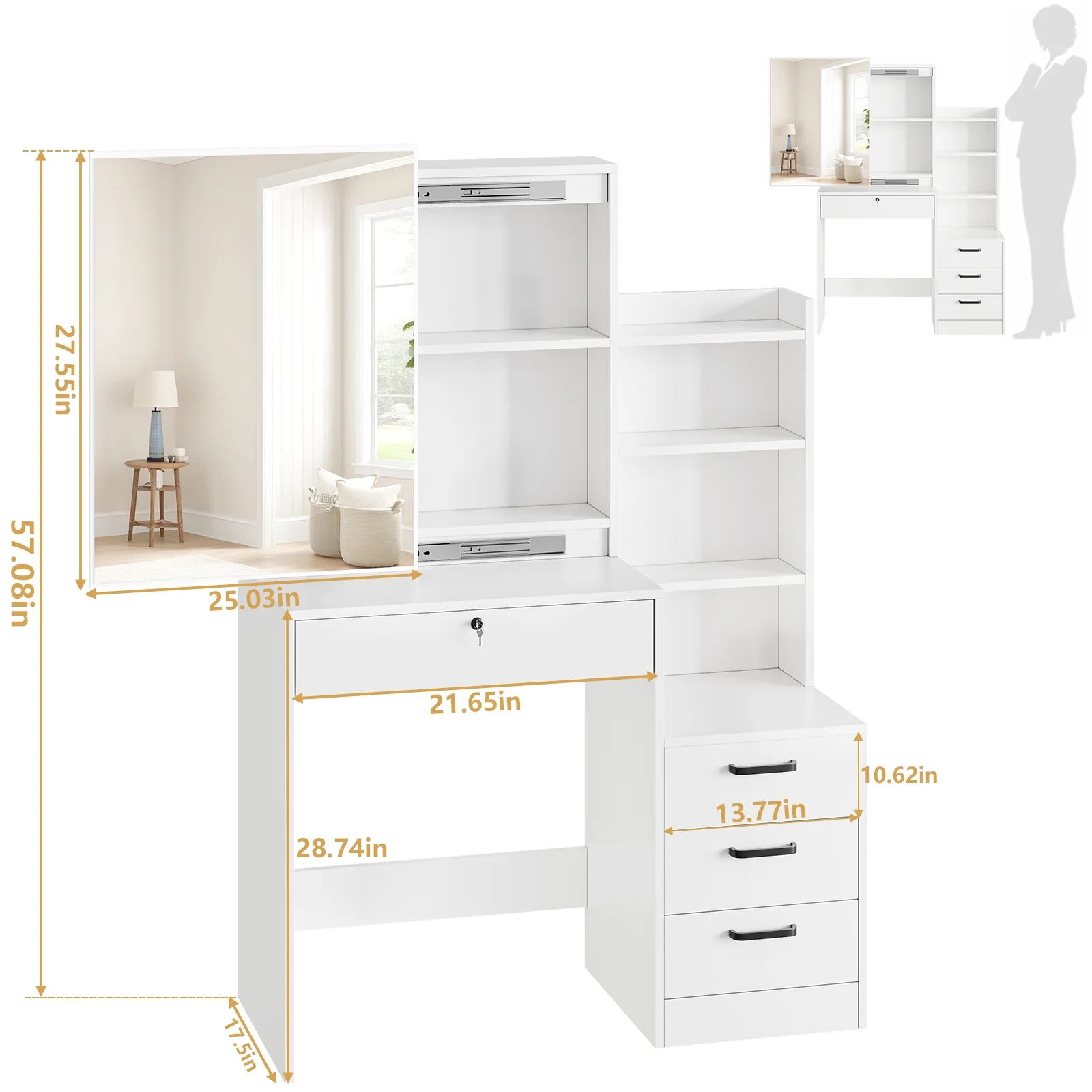 Vanity Table Stylish Aesthetic Durable with Sliding Mirror White(White-4) - Image 10