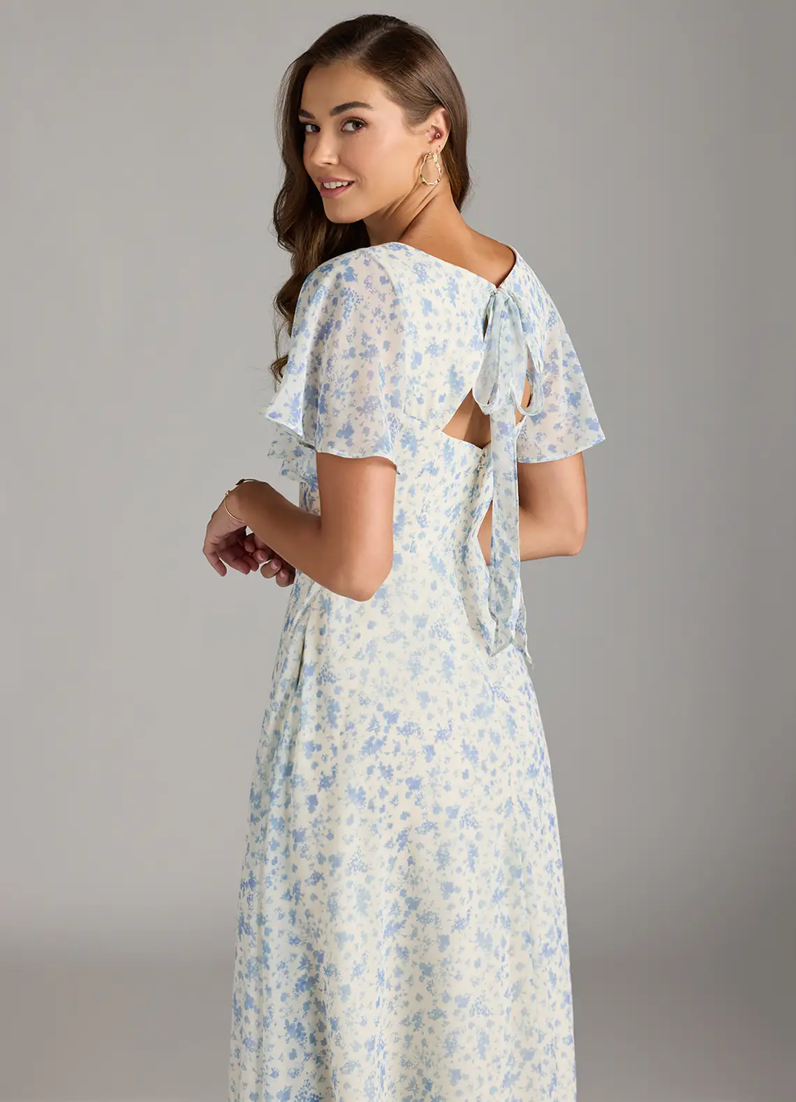 Blue And White Ditsy Floral A-Line Flounce Sleeve Chiffon Dress