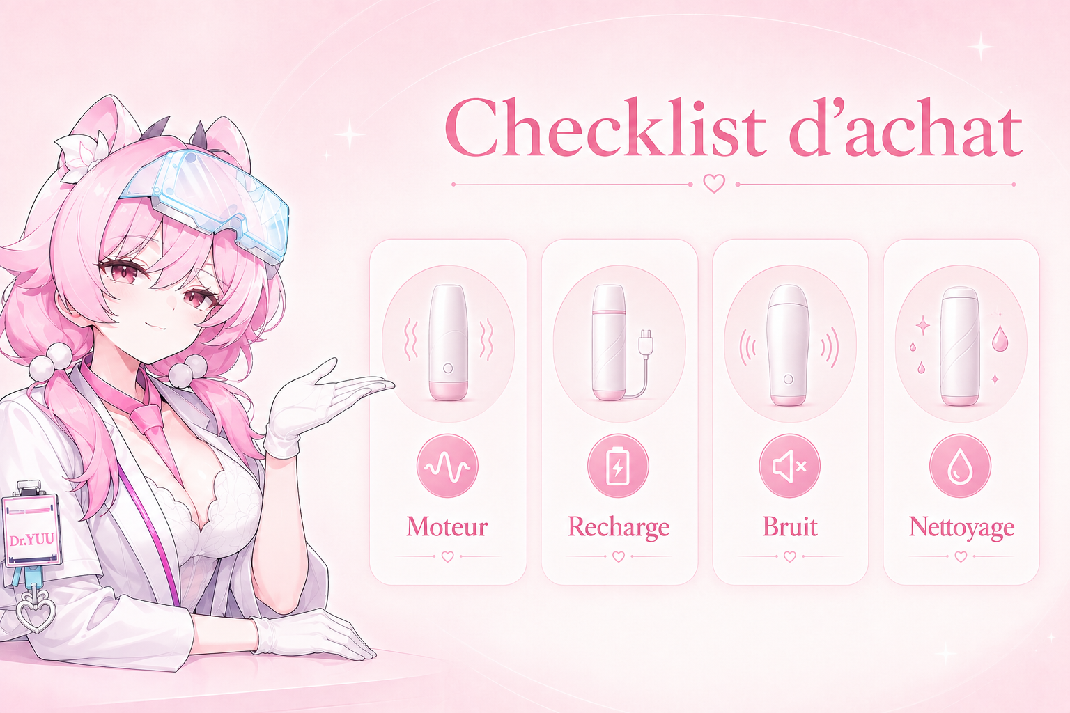 Guide visuel d’une check-list pour choisir une vaginette électrique : moteur, recharge, bruit et nettoyage