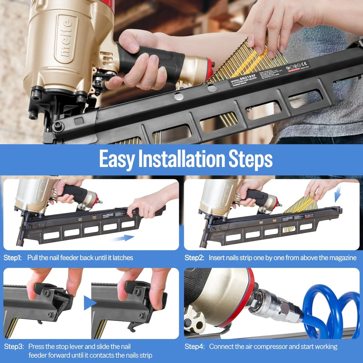 Meite SN2183F Pneumatic Framing Nailer 21 Degree 2 to 3-1/4 Length Plastic Plastic Collated Round Head Framing Nail Gun