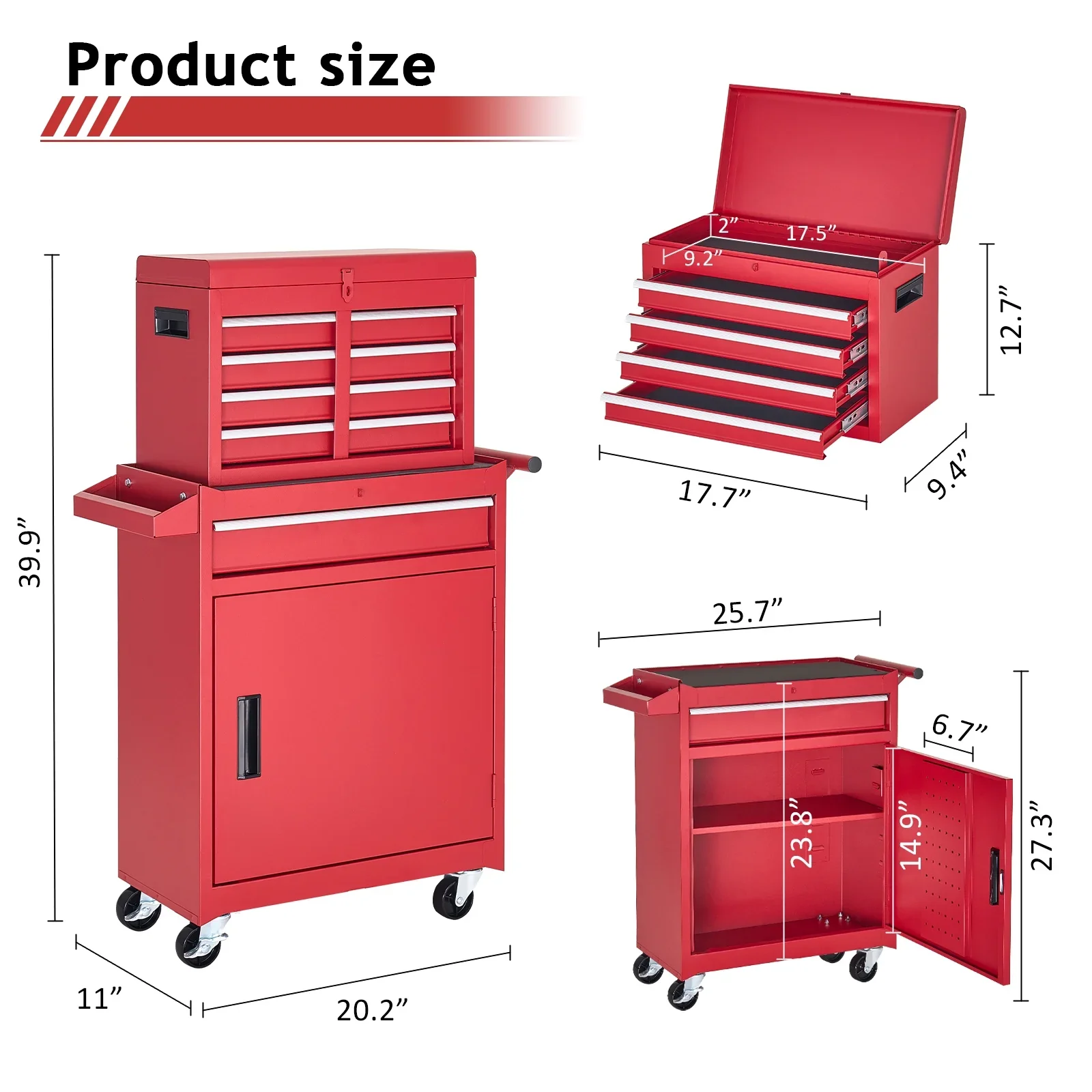 NETAJE Metal Tool Chest, 2 in 1 Steel Rolling Tool Box & Cabinet On Wheels for Garage, Detachable Top Tool Box and Lockable Wheels Metal Tool Cart for Garage, 5-Drawer, Black