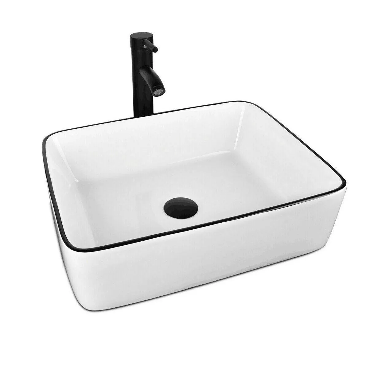 Bathroom Ceramic Sink Vanity Vessel Basin Porcelain Faucet Drain Combo Rectangle,White(Style A) - Image 4