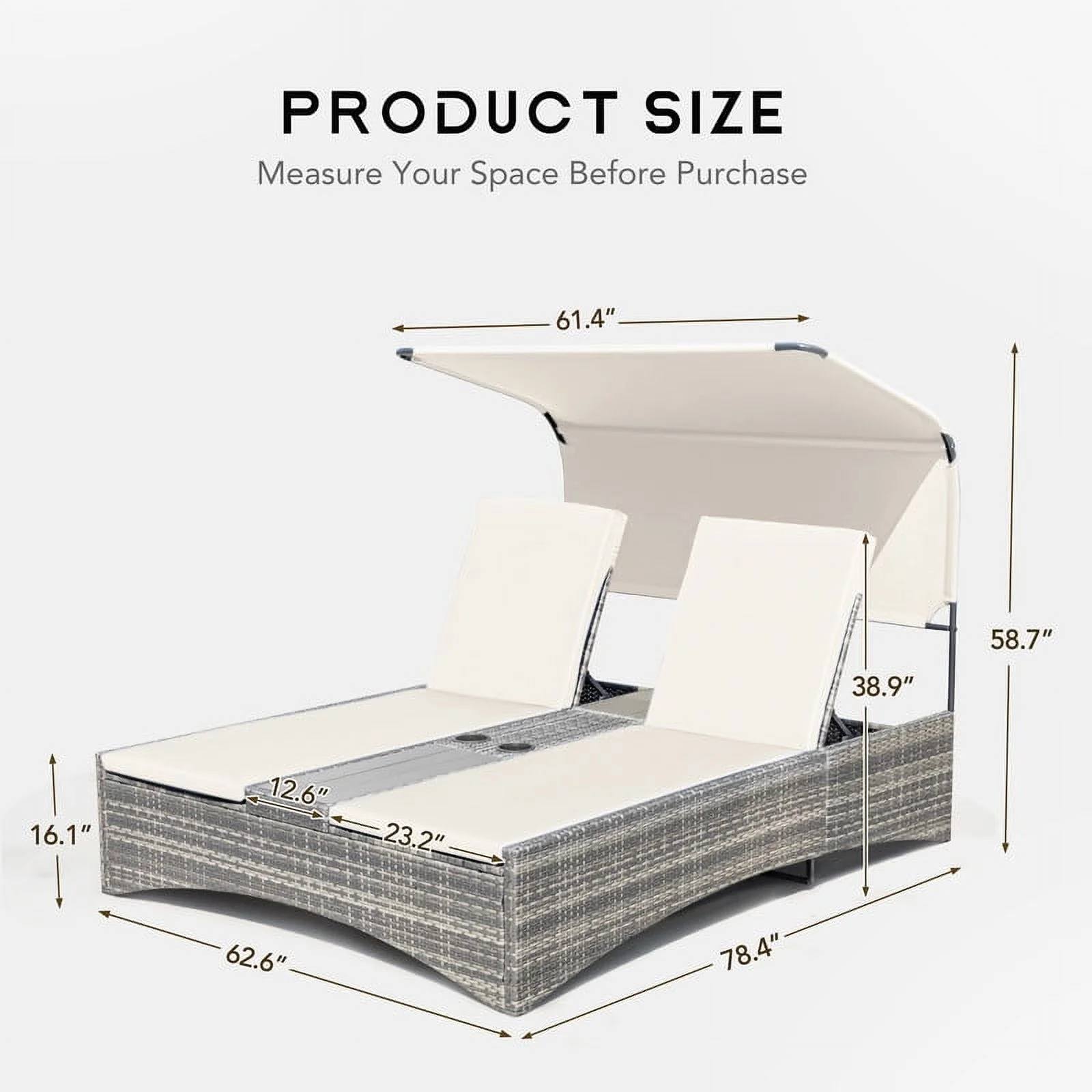 Rattan Double Lounge Chaise, Adjustable Backrest Daybed with Sunshade and Cup Holder for Deck, Poolside, Balcony,beige(Beige) - Image 8