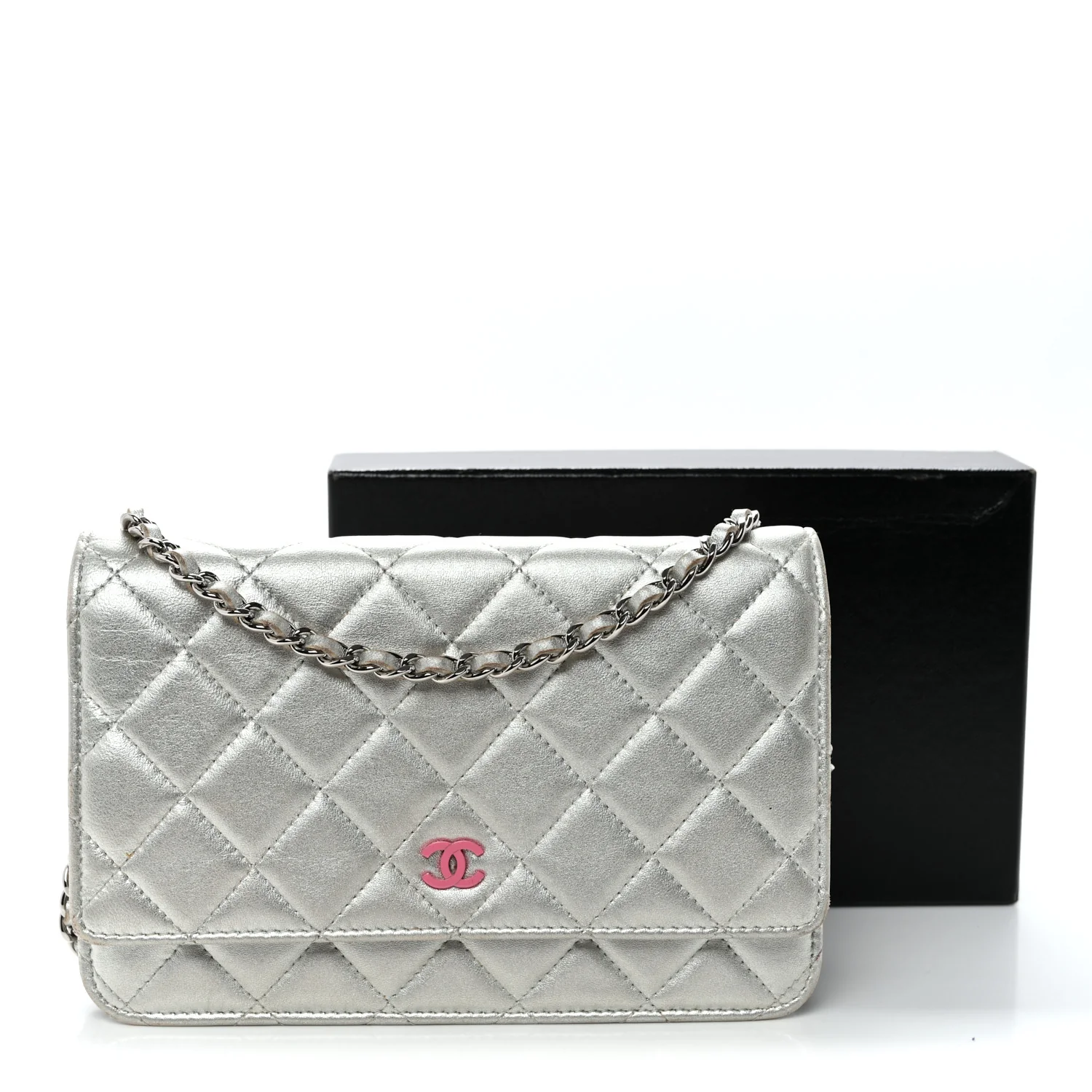Metallic Lambskin Quilted Wallet On Chain WOC Silver