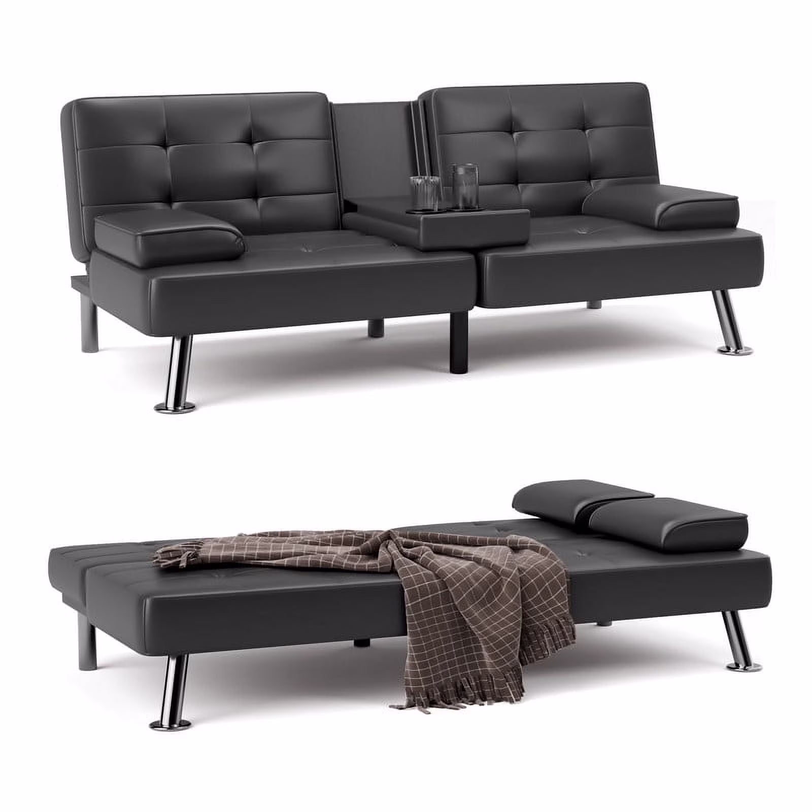 Futon Sofa Bed Convertible Folding Faux Leather Couch with 2 Cup Holders,Black(Black)