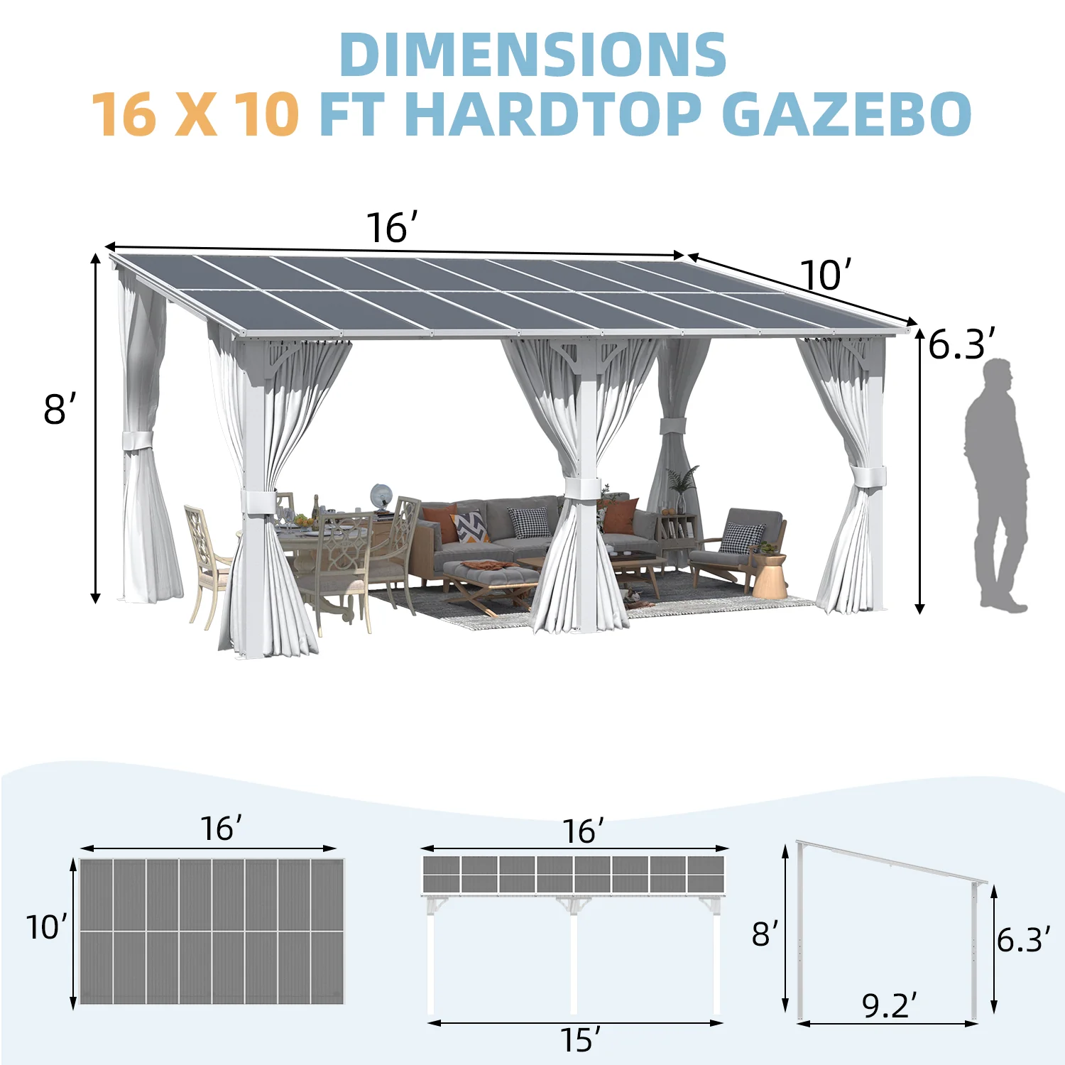 AECOJOY 16'x10' Wall Gazebo with Curtains and Mosquito Netting, White