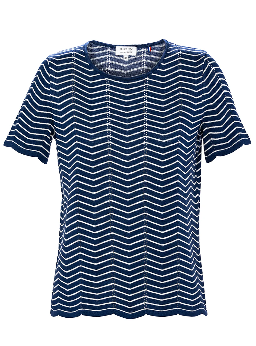 Pull femme coton manches courtes marine/crème