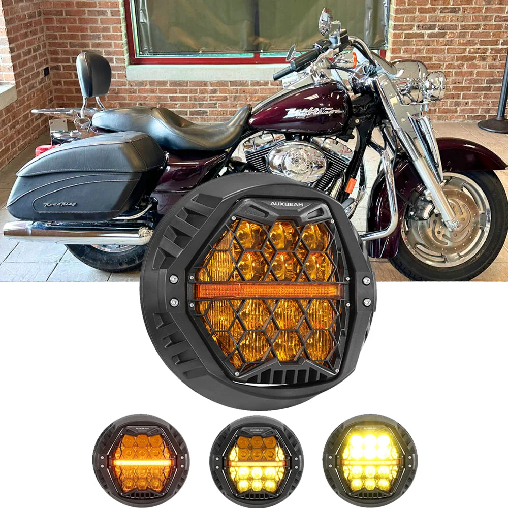7 Inch 120W DOT Motorcycle LED Headlight Assembly with Amber DRL & Honeycomb Design (Hi/Lo Beam) for 2004-2007 Road King Custom FLHRS