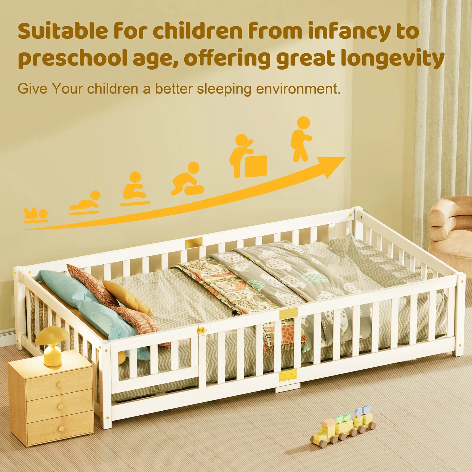 Twin Size Toddler Floor Bed, Solid Wood Montessori Bed Frame with Fence Door Montessori Floor Bed Crib with Safety Guardrails for Girls and Boys(White Twin) - Image 2