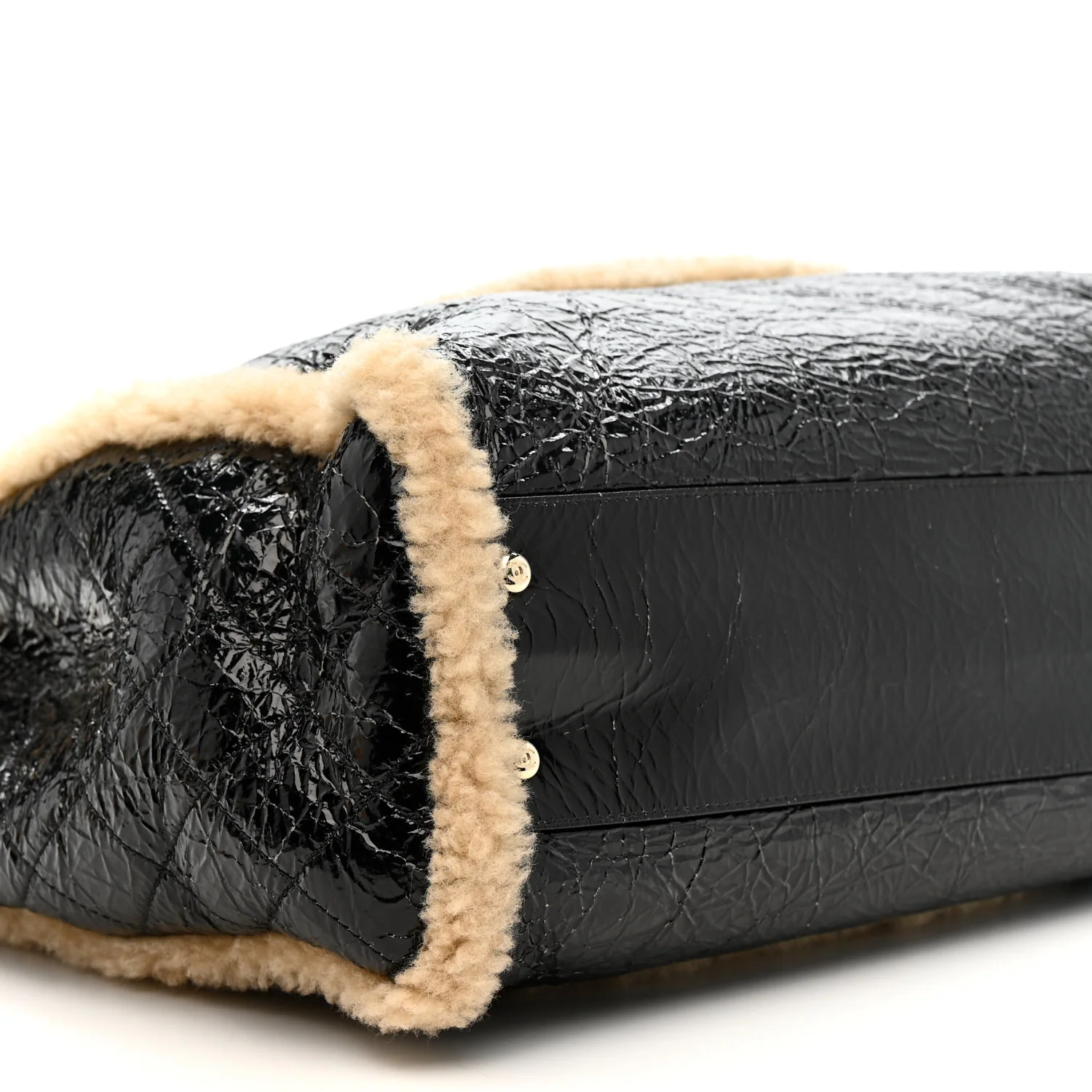 Shiny Crumpled Sheepskin Shearling CC Mania Tote Bag Black Beige
