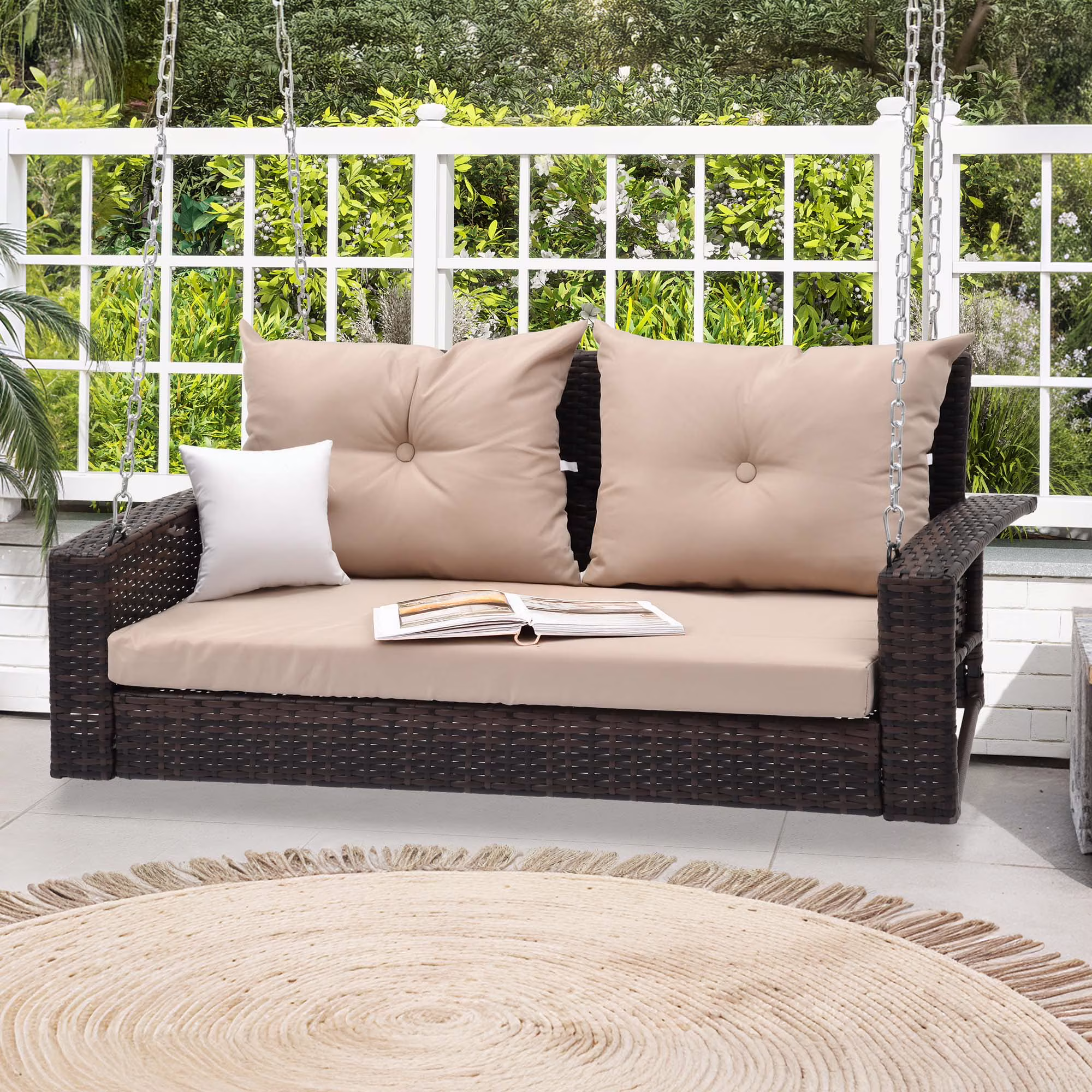 Dextrus 2-Seats Wicker Hanging Porch Swing Chair Outdoor Black Rattan Patio Swing Lounge w/ 2 Back Cushions Capacity 770lbs for Garden, Balcony, Living Room, Beige