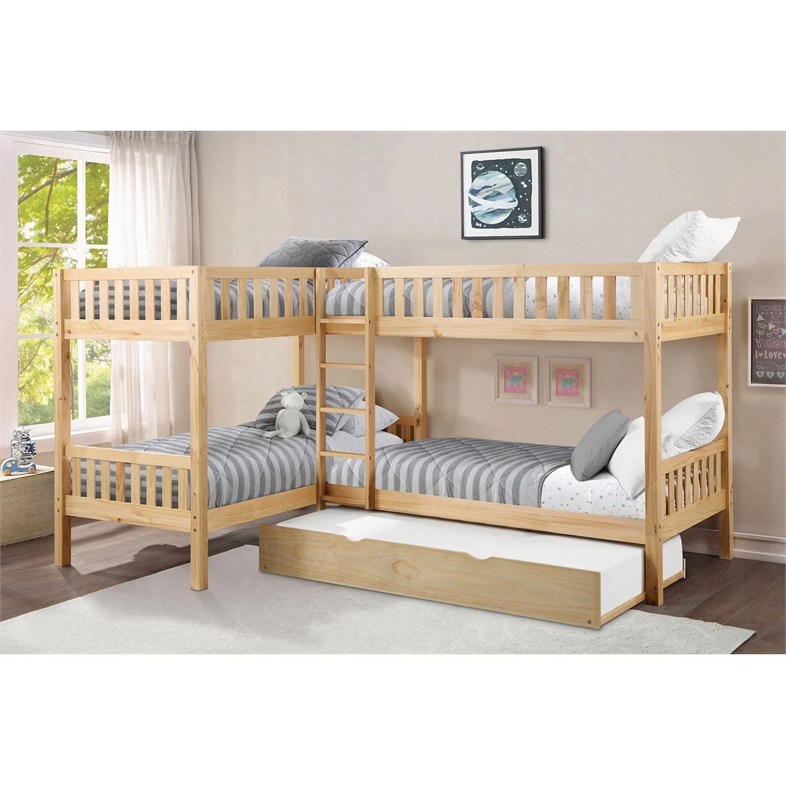Contemporary Wood Corner Bunk Bed with Twin Trundle in Natural Pine Image 5