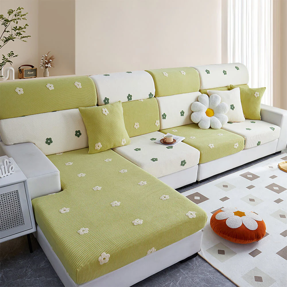 Floral Embroidered Fleece Sofa Anti-Scratch Stretch Sectional Couch Cover