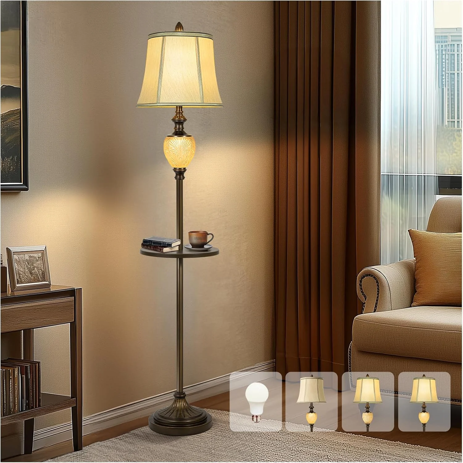 Farmhouse Metal Tray Floor Lamp For Living Room With Nightlight Vintage Tall Lamp With Linen Fabric Shade Industrial Standing Lamp For Bedroom Office Home House Study (Bulb Included)(Bronze-With Tray) - Image 9