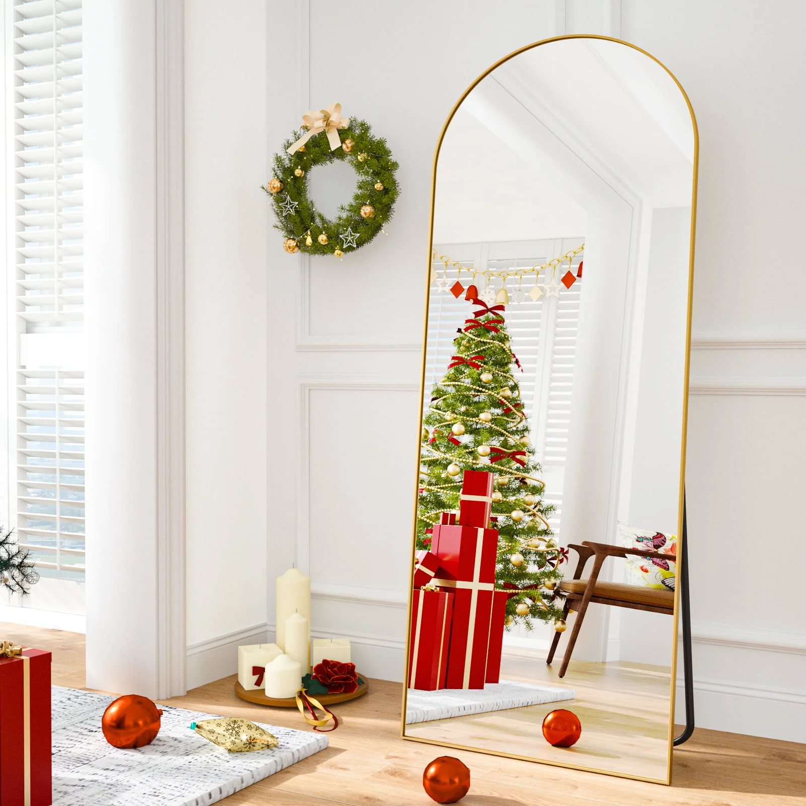 BEAUTYPEAK Arched Full Length Floor Mirror 64"x21.1" Full Body Standing Mirror, Gold