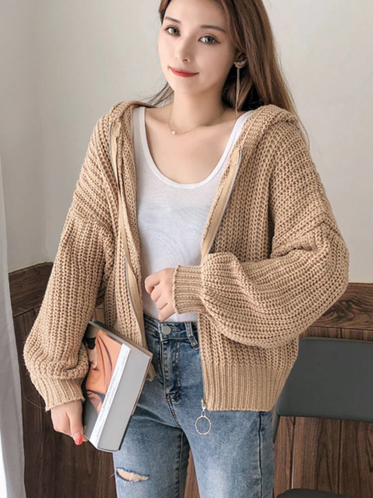 Pull à capuche zippé en maille pour femmes