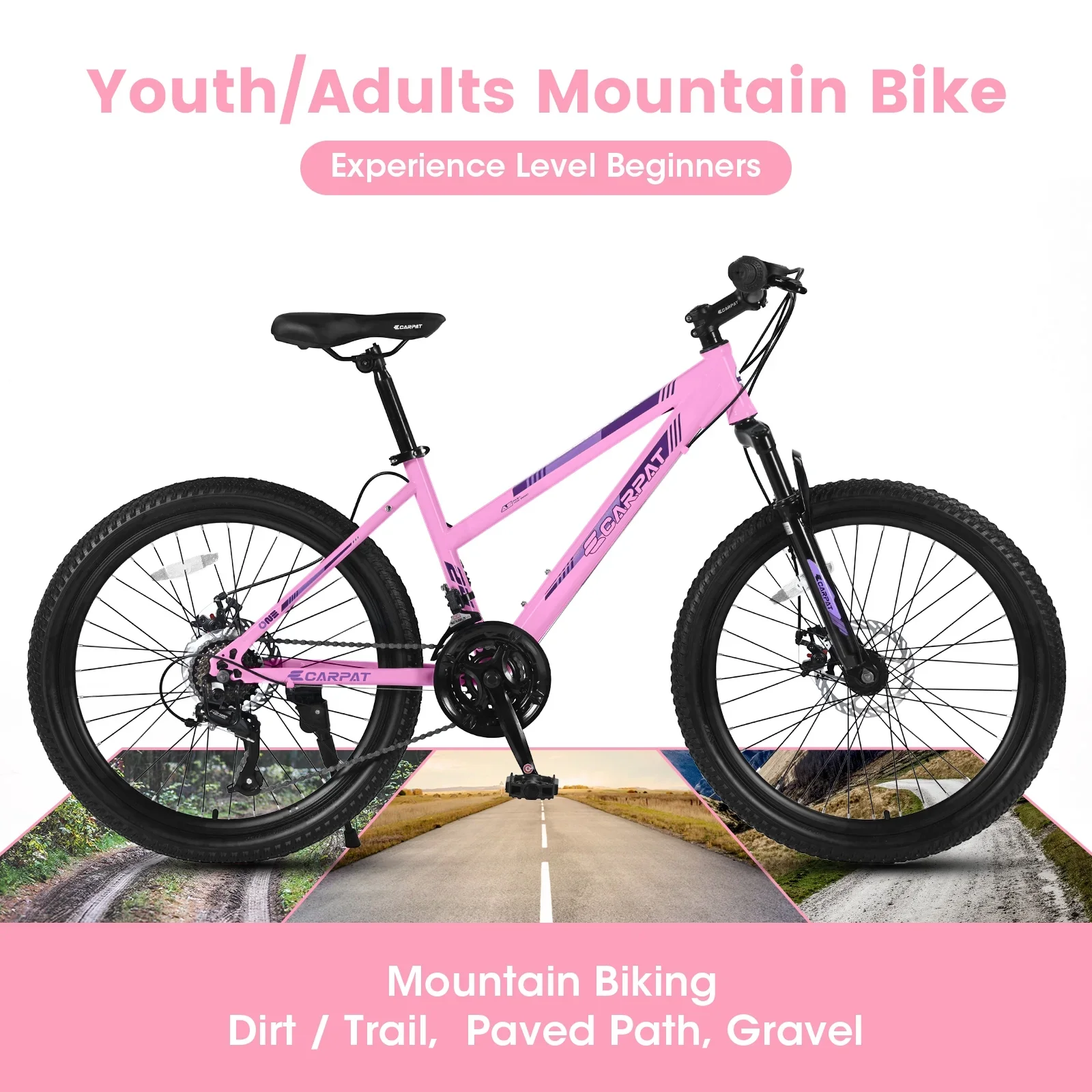 26 inch Women Mountain Bike, 21 Speeds Mountain Bicycle with Steel Frame, Dual Disc Brakes and 100mm Front Suspension, MTB Bike for Urban Trail Snow Commuter, White