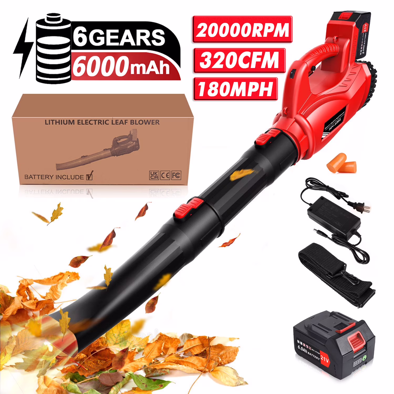 Tanbaby 21V Cordless Leaf Blower, 320CFM Electric Leaf Blowers, 3 Speed Mode, 330W 180MPH with 2x 2.5Ah Batteries, Lightweight Powered Blowers for Leaf/Snow/Dust Blowing(2 Amps)
