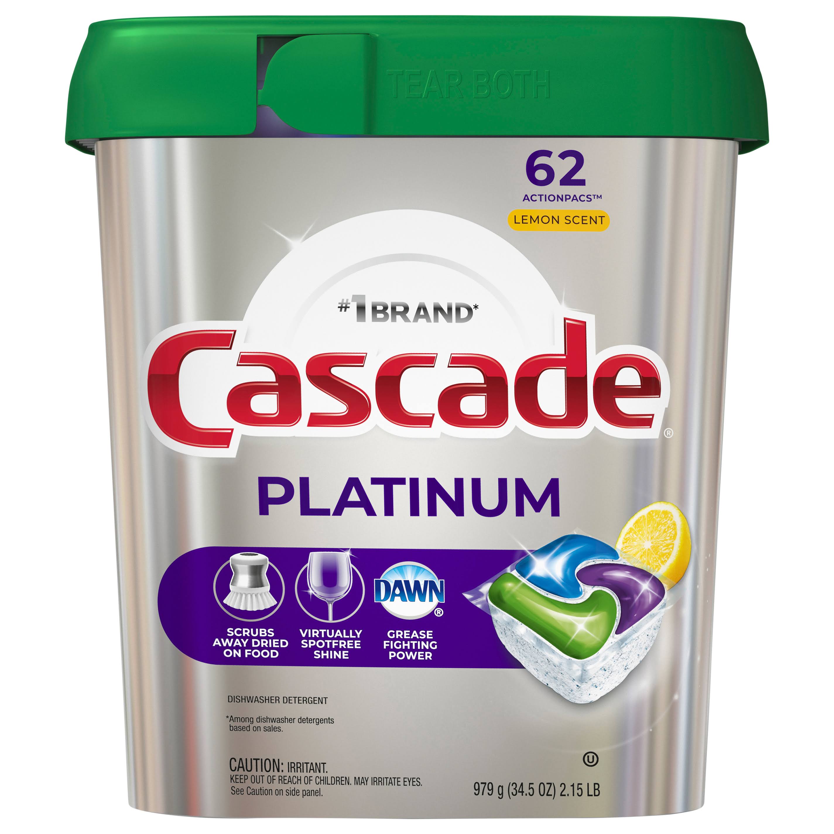 Cascade Platinum Dishwasher Detergent, Lemon Scent, Actionpacs - 62 actionpacs, 979 g