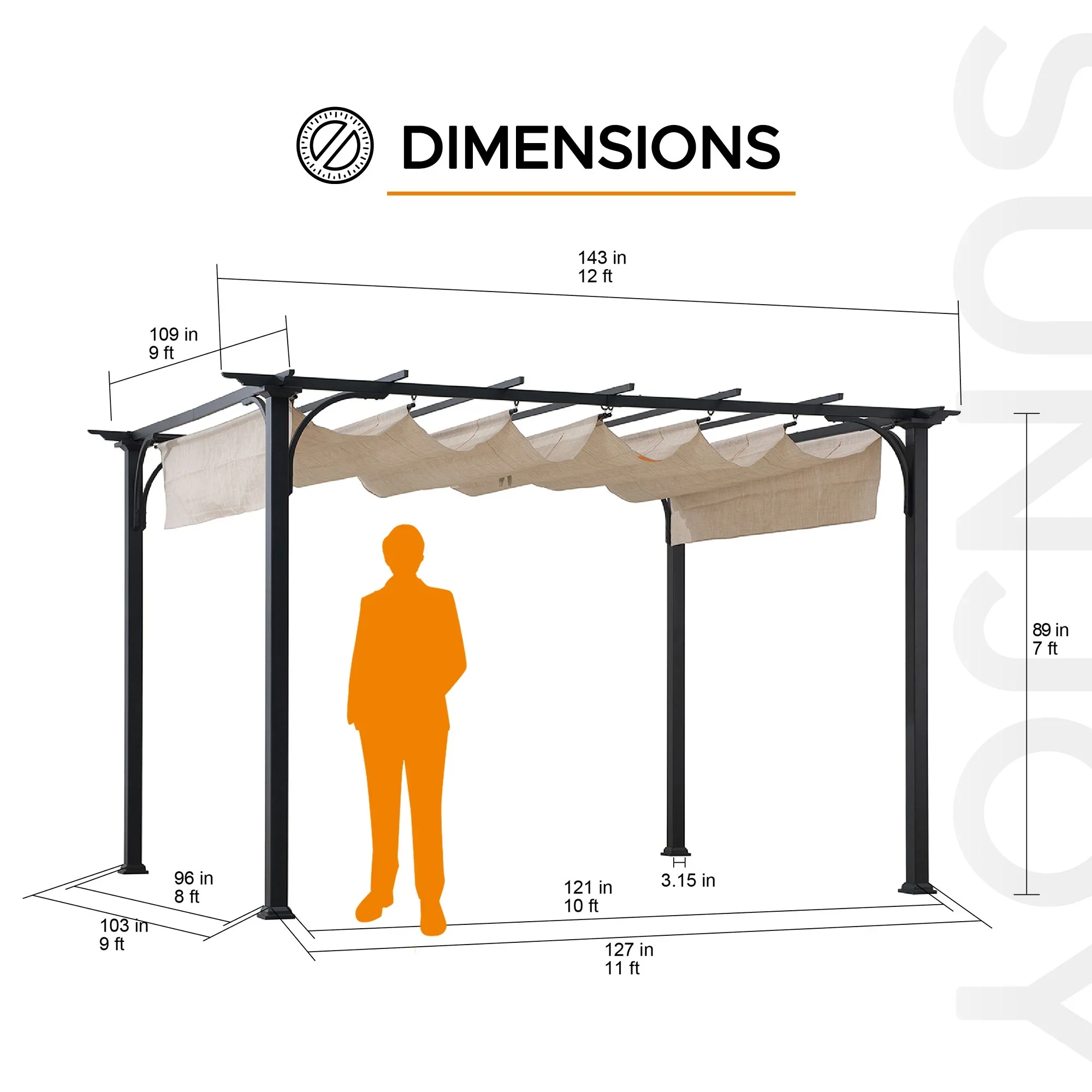 Sunjoy Outdoor Pergola 9 x 12 ft. Patio Black Steel Frame Pergola with Retractable Beige Canopy Shade for Backyard, Garden Activities