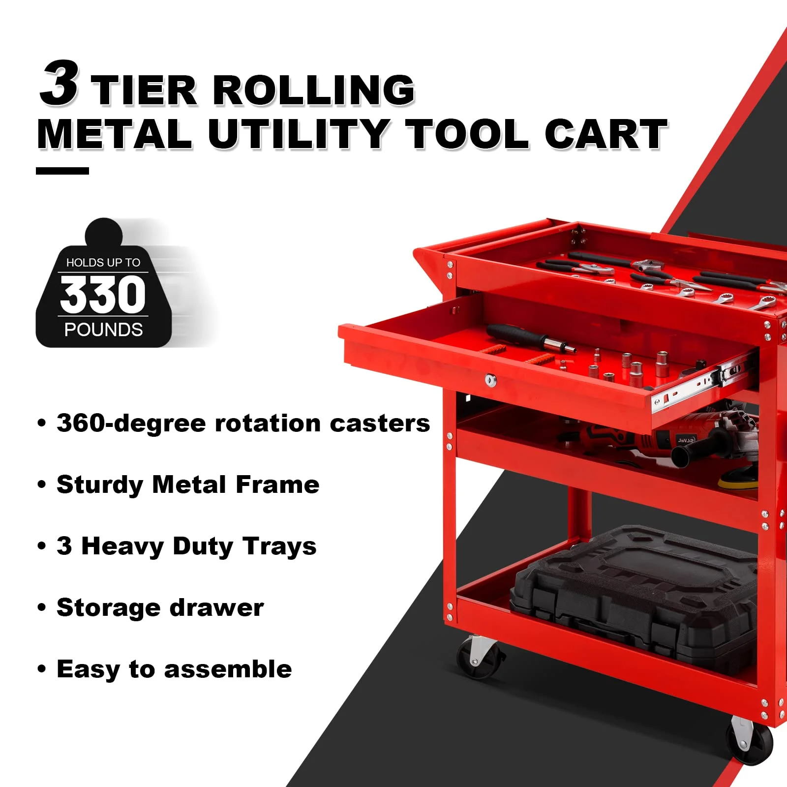3-Tier Metal Rolling Tool Cart, Lockable Drawer, 330 lbs Capacity, Heavy Duty Utility Cart for Garage Black - Image 7
