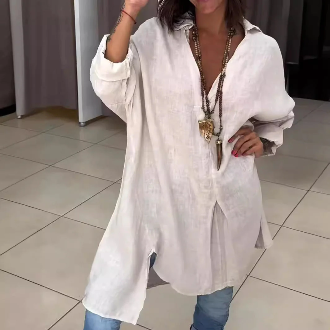 Melis -  Chemise d'été en Coton et Lin avec Décolleté en V