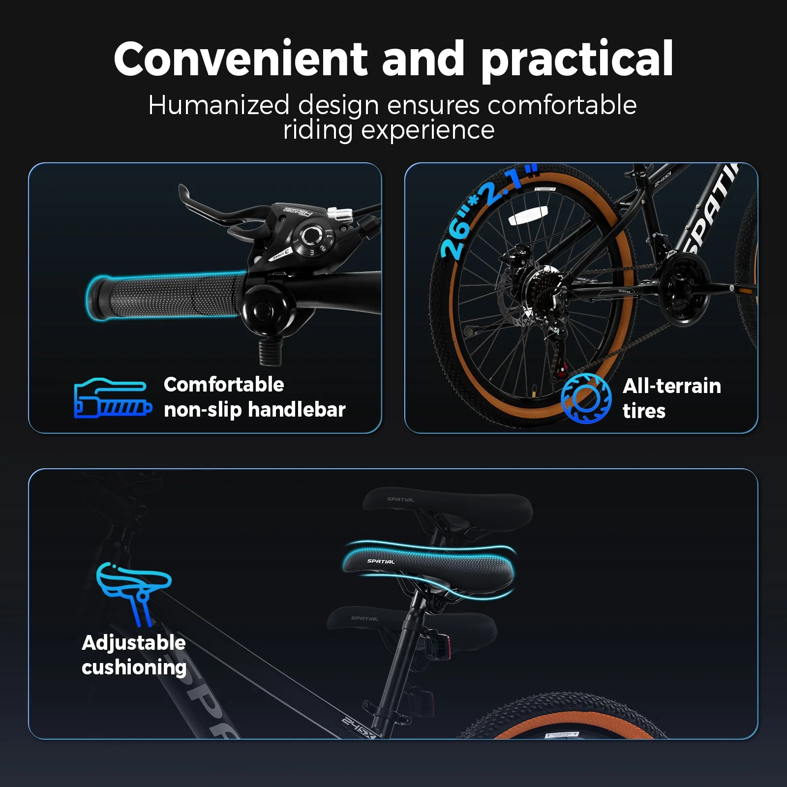 SPATIAL 24/26/27.5/29 in Mountain Bike, 8/21 Speed Lightweight Aluminum Magensium Frame Mountain Bicycle, Fits Men Women Teenagers Adult Disc Brake MTB Bicycle
