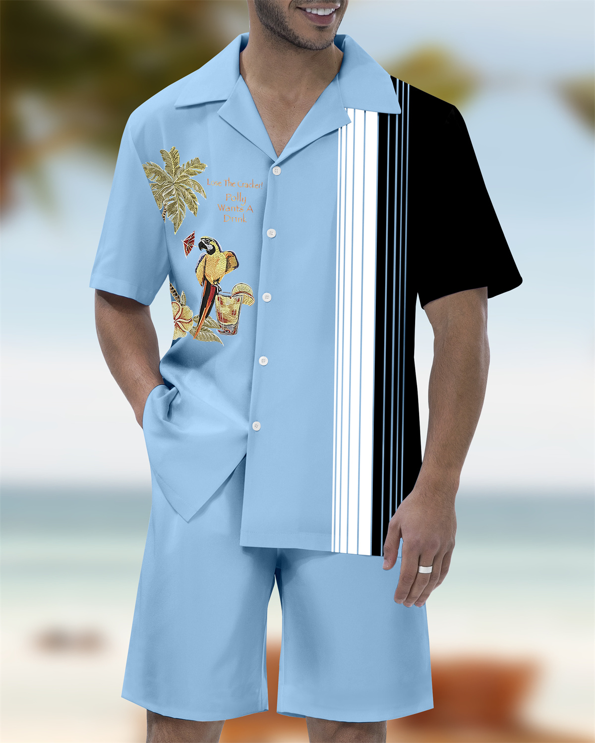 Ensemble chemise à manches courtes pour homme, motif tête de perroquet, col cubain hawaïen