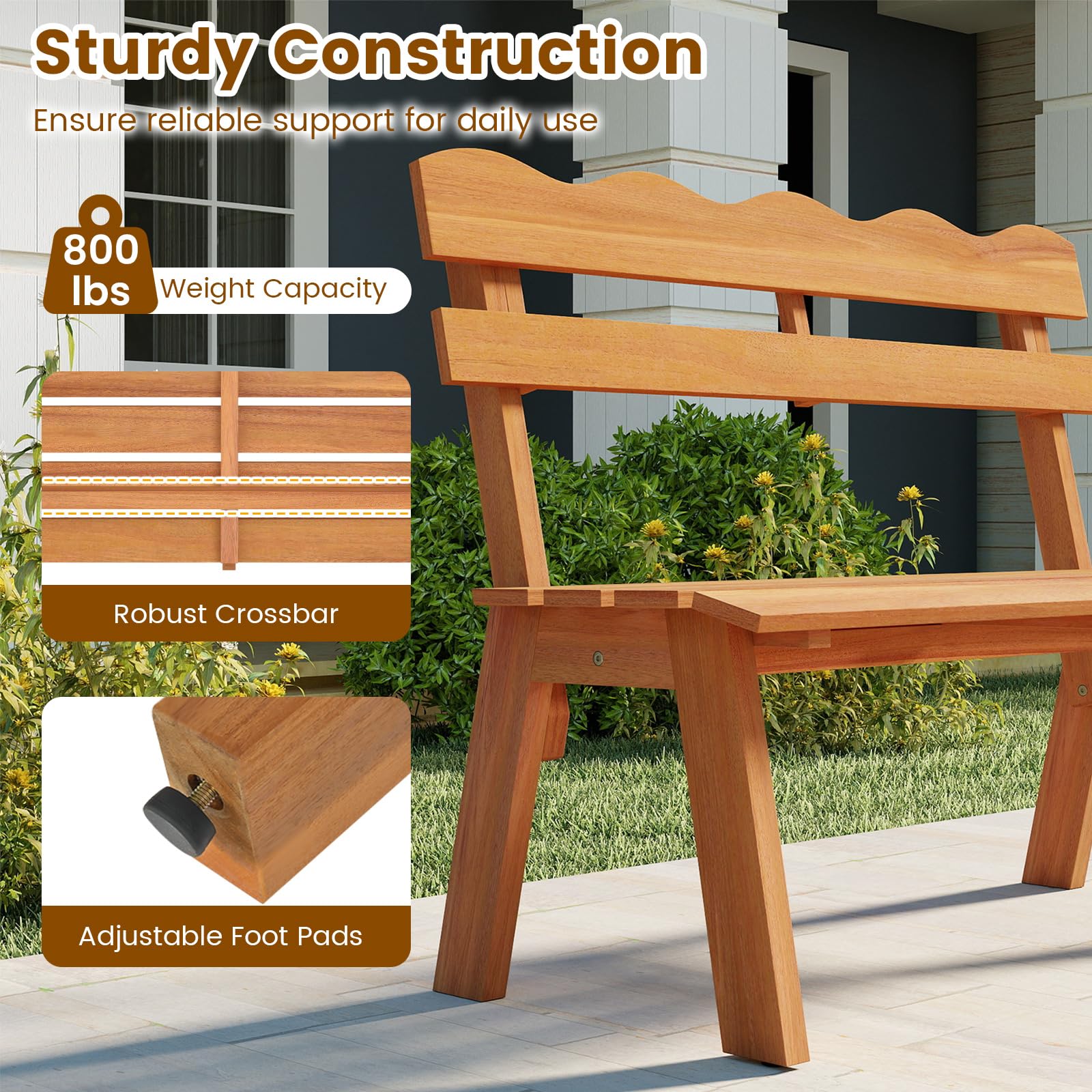 Tangkula 2 Person Patio Garden Bench with Waved Backrest and Slatted Seat