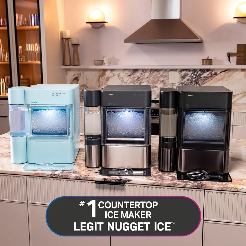Machine à glaçons GE Profile Opal 2.0 XL avec réservoir de 3,8 litres, glaçons en pépites croquants et faciles à mâcher, pelle incluse, 17 kg en 24 heures, avec Wi-Fi et fonctionnalités intelligentes, en acier inoxydable.
