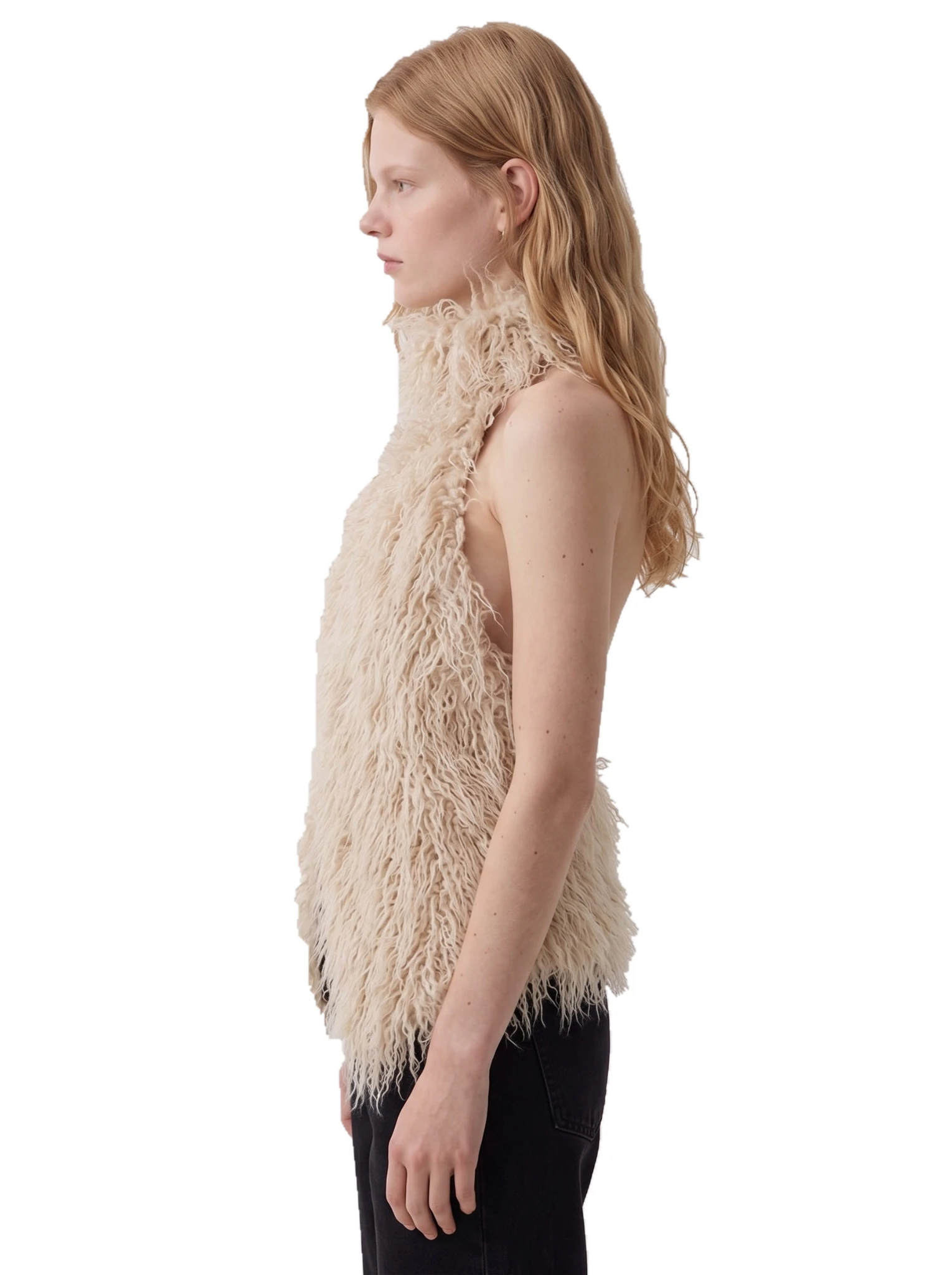 Side view of a beige shaggy faux fur halter top with a high neckline.