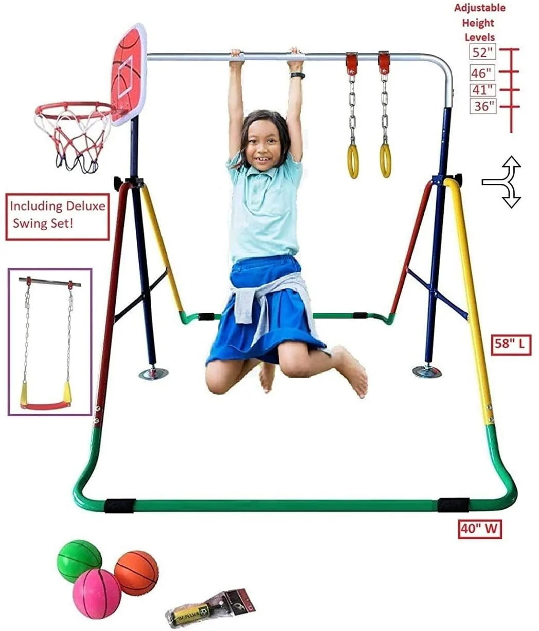 Adjustable Height Gymnastics Bar for Kids Kip Bar 6 in 1 Set, 6'x2' Gymnastic Tumble Mat, Swing Seat, 2 Trapeze Rings, Basketball Hoop, Home Junior Training Monkey Bars Fitness Balance Horizontal Bar Image 5