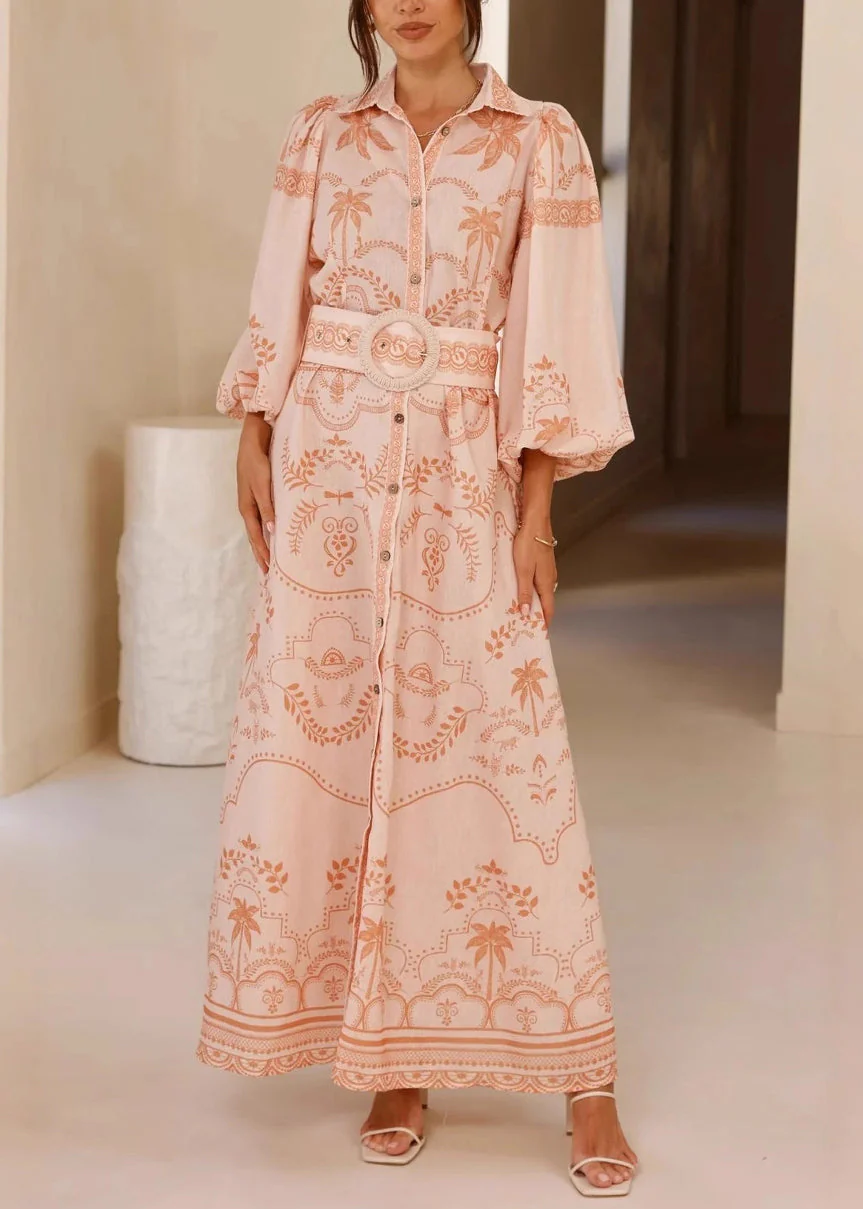 Sophie Paris I Robe chemise en lin imprimé rose avec manches ballon et ceinture à nouer