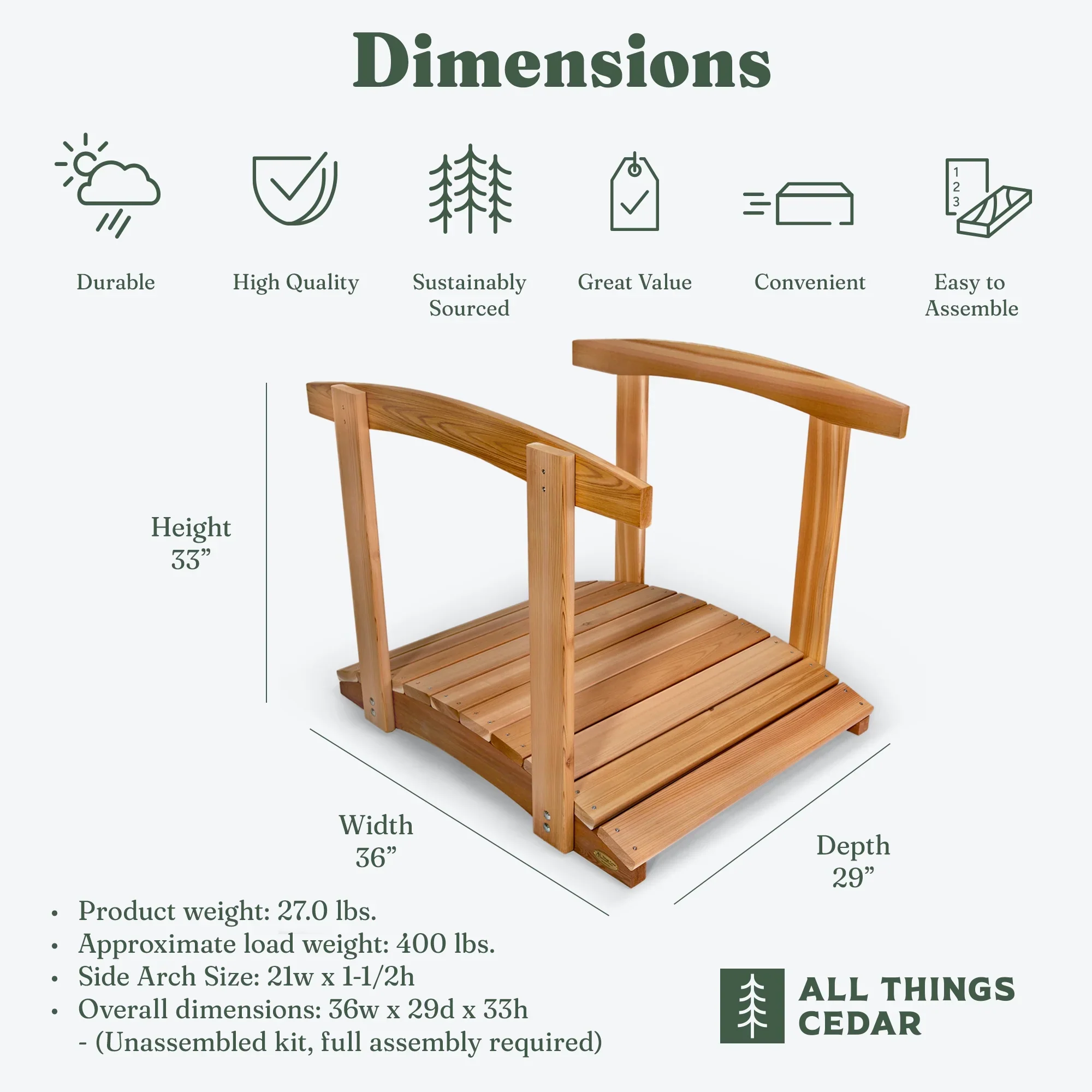 All Things Cedar FB36-R 3-ft Cedar Wood Garden Bridge | Side Rails - 36L x 29W x 7H