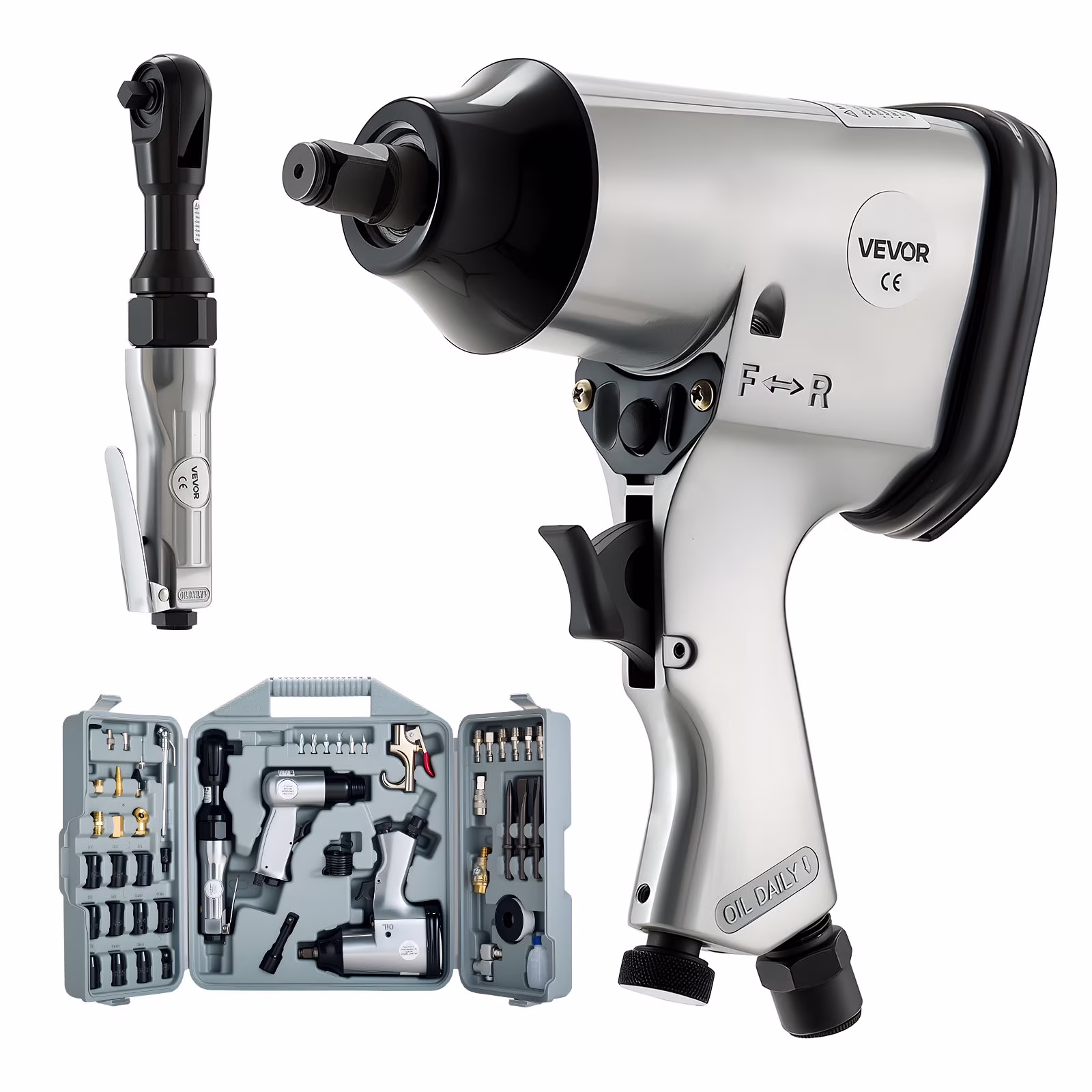 VEVOR 50 Pieces Pro Air Tool and Accessories Kit - 1/2 Air Impact Wrench, 3/8 Ratchet Wrench, 4500BPM Hammer, Blow Gun & Full Accessories for Auto Repairs, Home DIY Projects - with Storage Case