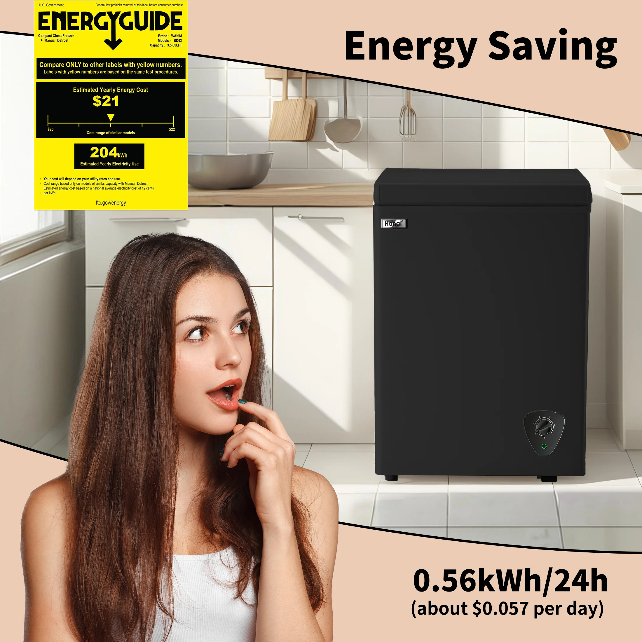 3.5 Cubic Chest Freezer with Top Open Door,Removable Storage Basket,7 Gears Temp Control,Energy Saving,Black - Image 4