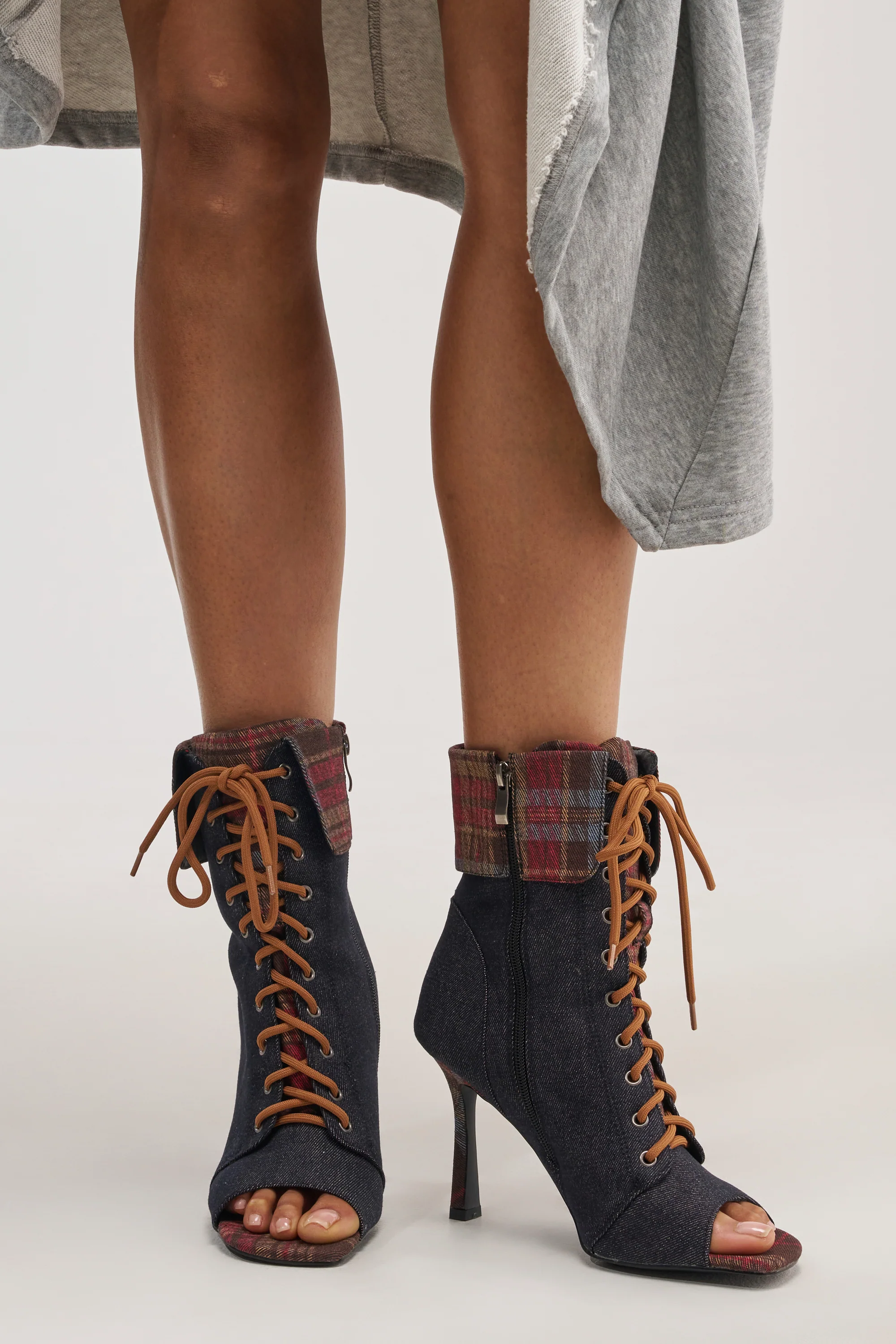 AZALEA WANG KYLAN DENIM PATCHWORK OPEN TOE BOOTIE - Akira Store