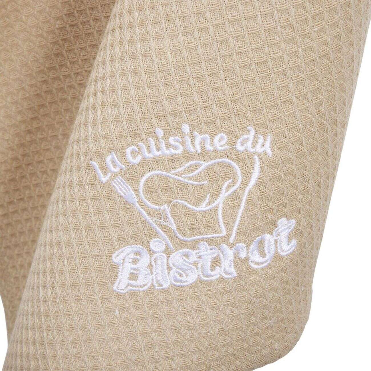 Torchon brodé La cuisine du Bistrot beige x2 - 100% coton 45x70cm