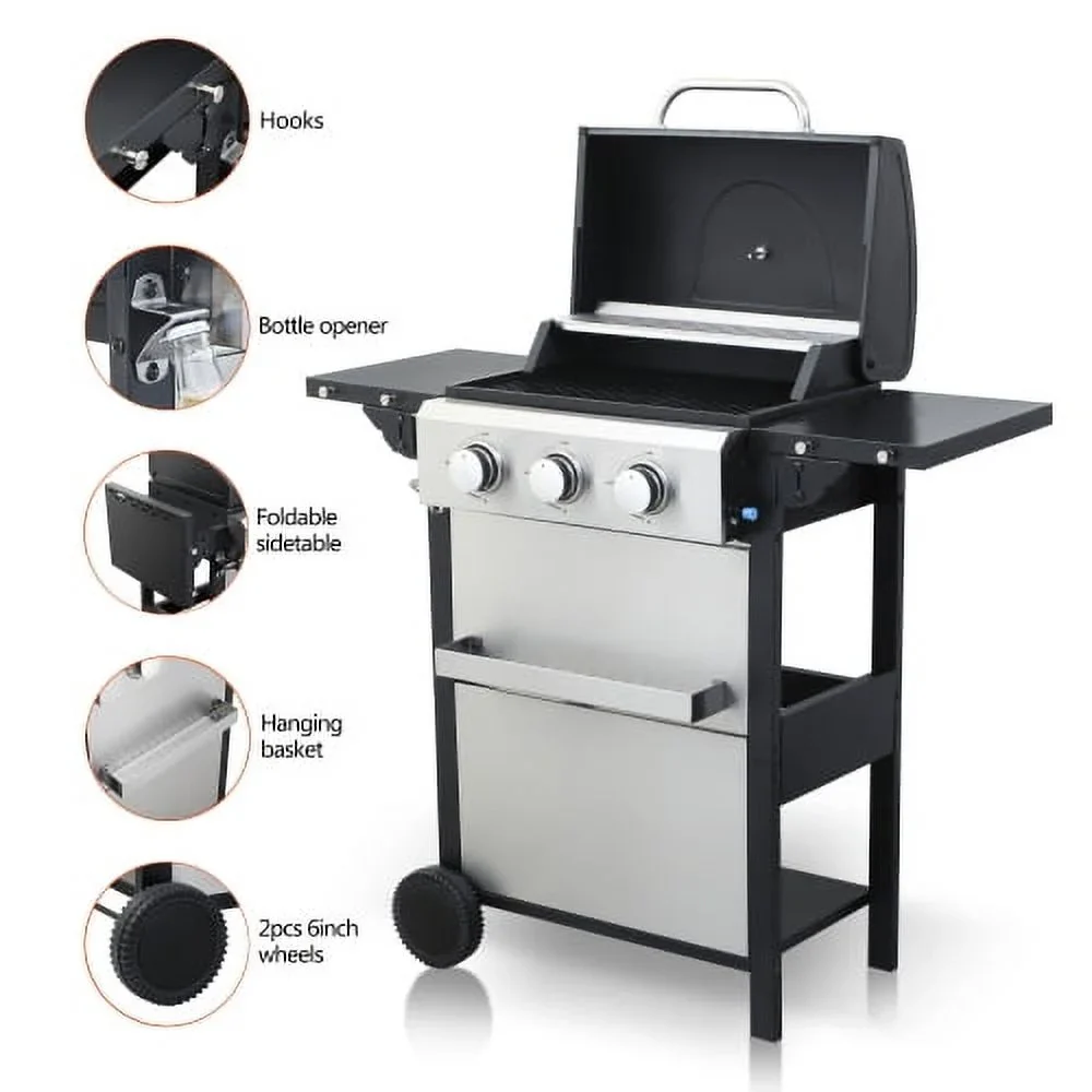 Yiweny 3 Burner BBQ Propane Gas Grill, Stainless Steel 25650 BTU Patio Garden Barbecue Grill with Bottle Opener, Two Foldable Side Shelves & Thermometer, Perfect for Camping, Outdoor Cooking.