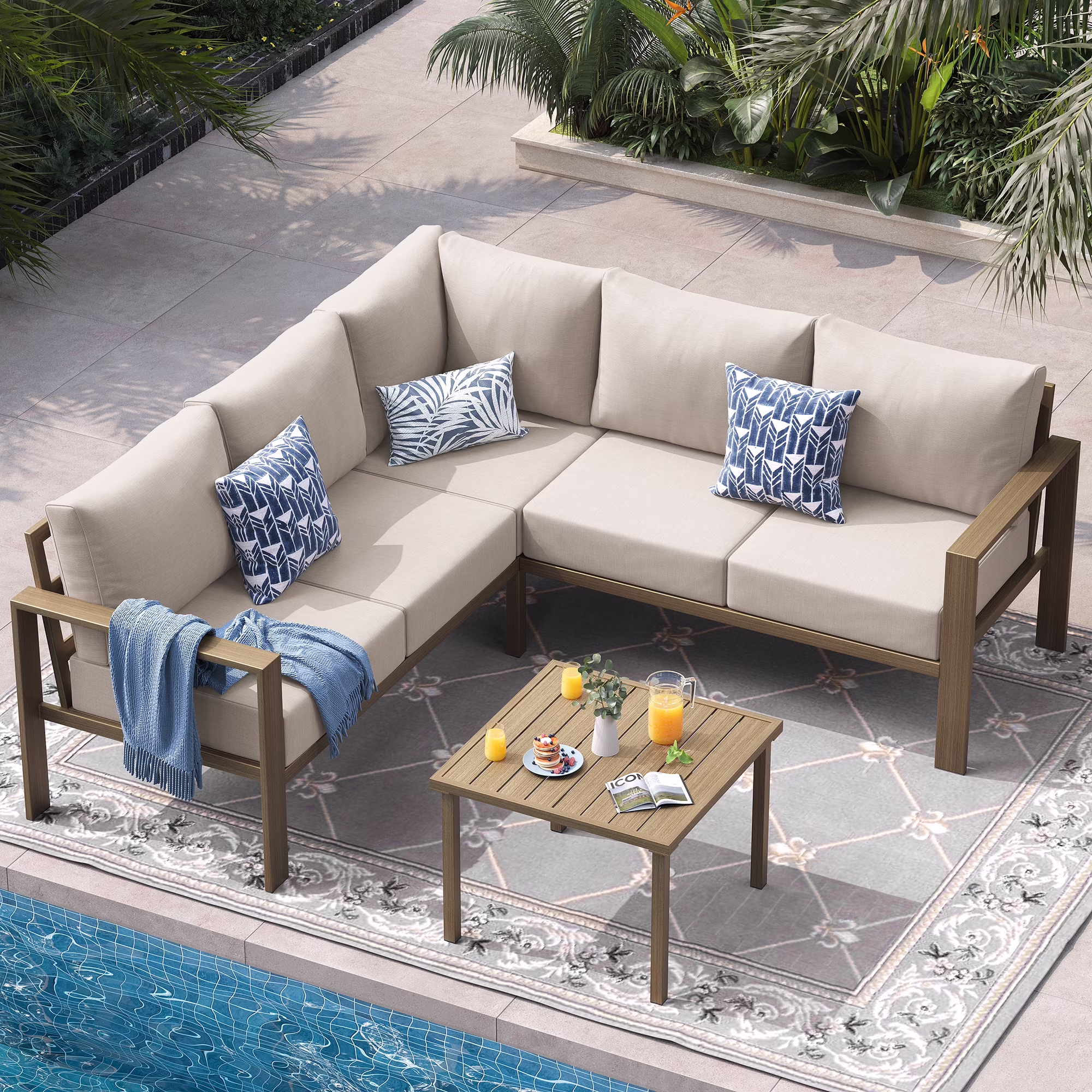 ELPOSUN 6 Pieces Patio Furniture Sets with 6 Thick Olefin Cushions, Metal Outdoor Sectional Furniture L Shape Patio Conversation Sets for Garden, Backyard Beige