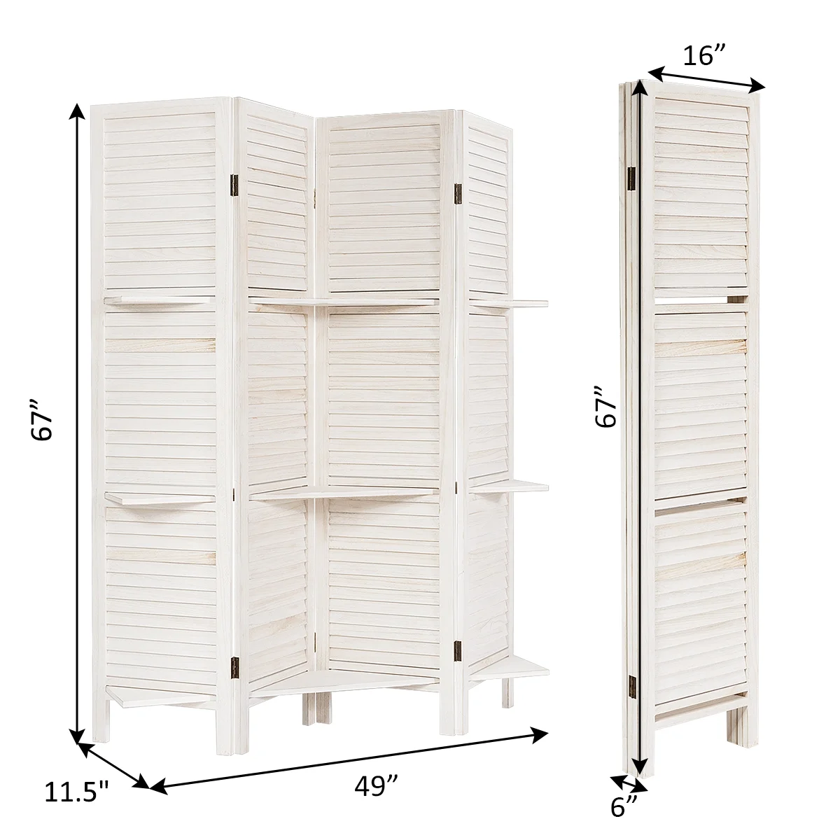 4 Panel Folding Room Divider Screen W/3 Display Shelves 5.6 Ft Tall(White) - Image 5