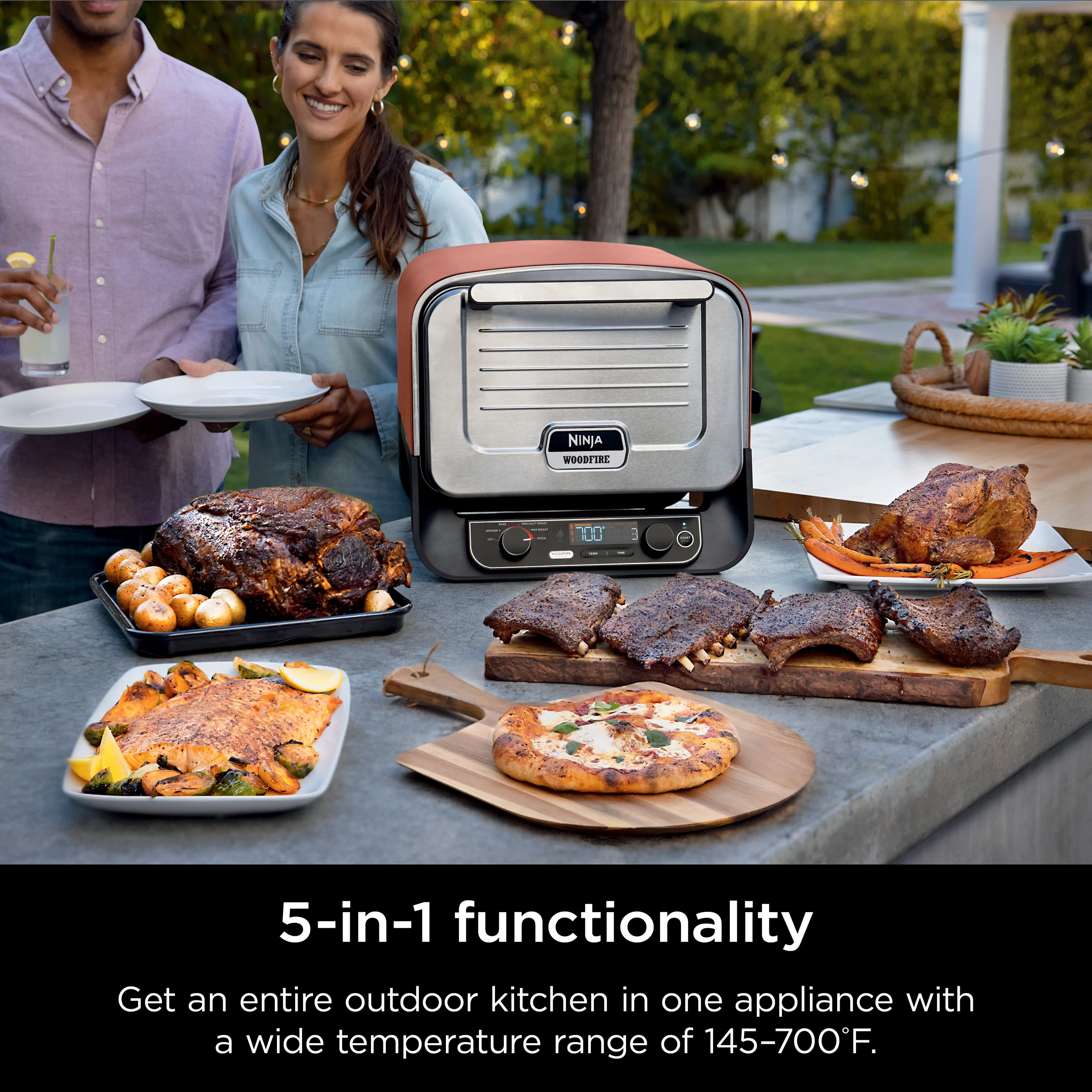 Ninja Woodfire? Pizza Oven, 5 - in - 1 Outdoor Oven, 5 Pizza Settings, Ninja Woodfire? Technology, up to 700F Heat, BBQ Smoker, Electric?