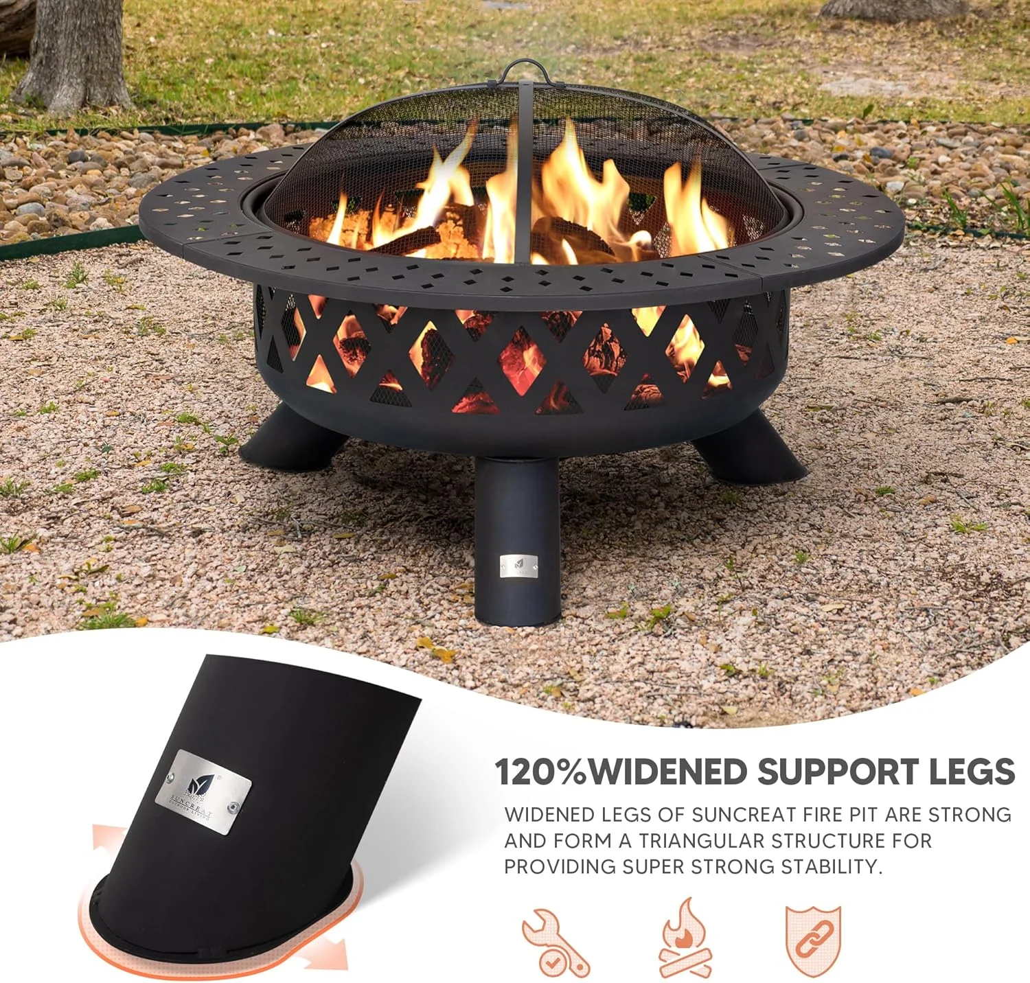 42" Large Outside Fire Pit, Round Fire Pit Wood Burning with Widened Tabletop, Spark Screen, Fire Poker, Phombus Pattern(42' Phombus Pattern) - Image 4