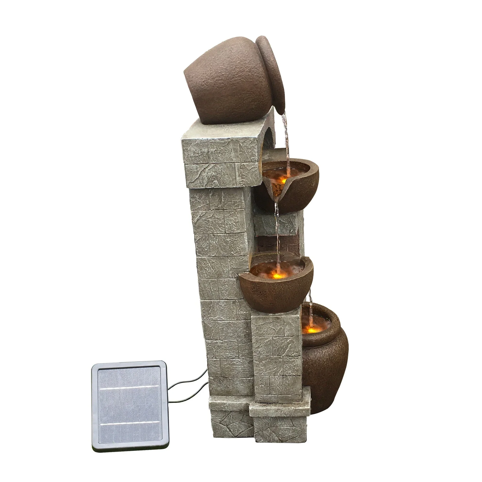 Teamson Home 28.5 Solar Powered 4-Tier Cascading Bowls & Stacked Stones Garden Water Fountain with LED Lights, Brown
