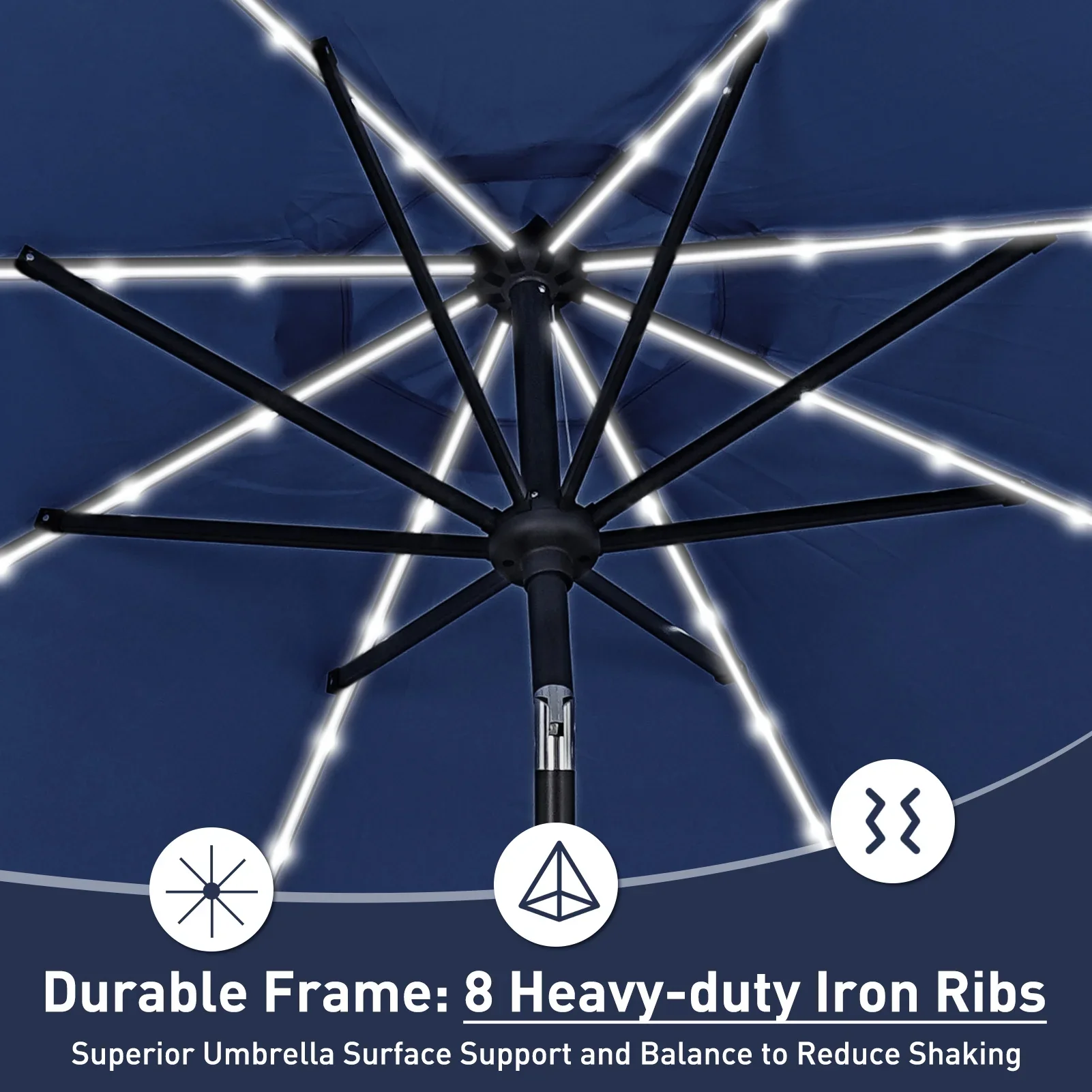 Autlaycil 10 FT Solar LED Lighted Patio Umbrella with LED Table Umbrella with 8 LED Strip Lights, Fade-resistant & Waterproof for Garden, Backyard, Poolside, Push Button Tilt (Blue)