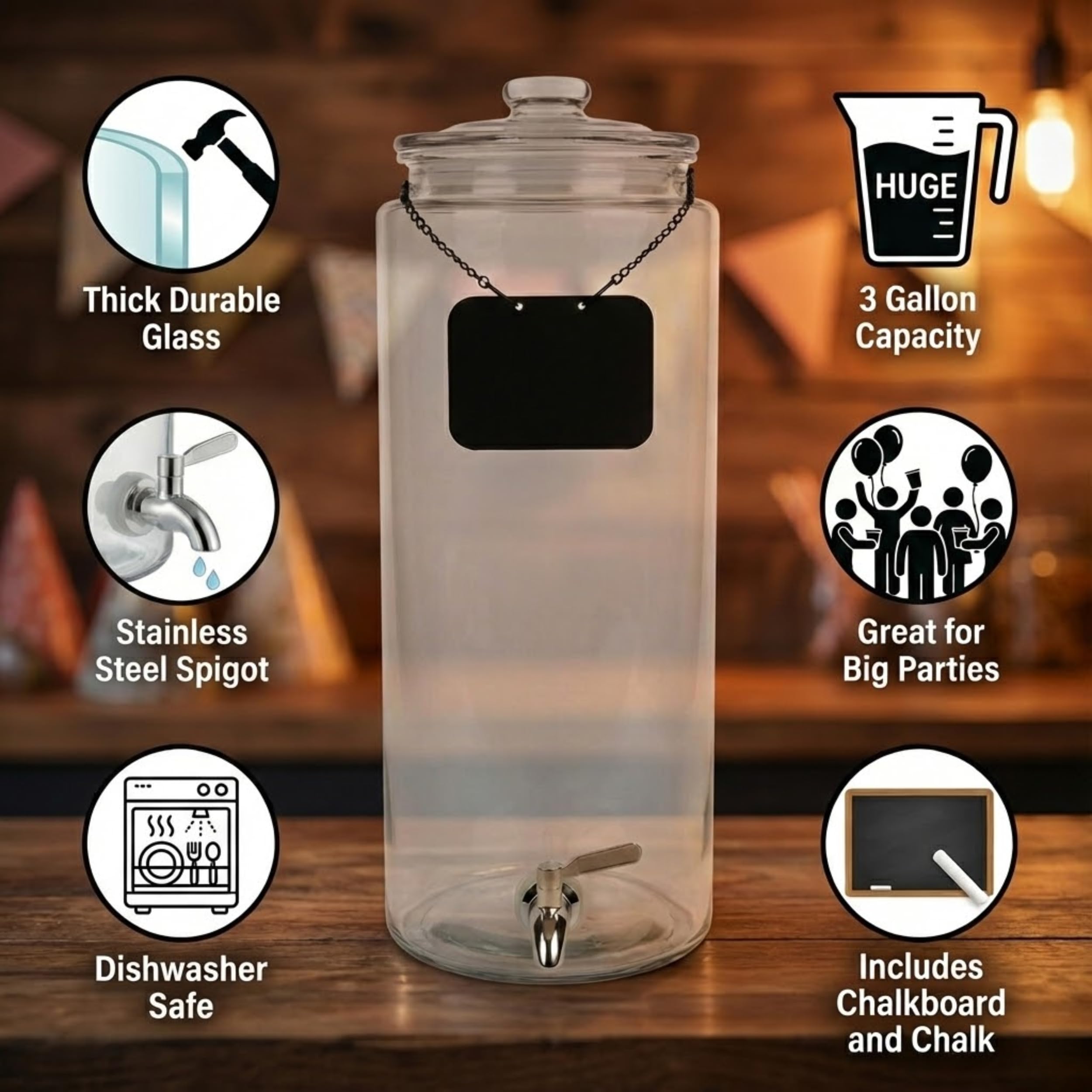 3 Gallon Glass Beverage Dispenser & Spigot – Large Drink Dispenser for Parties, Juice, Water, Iced Tea, Sangria, Punch, Cocktails