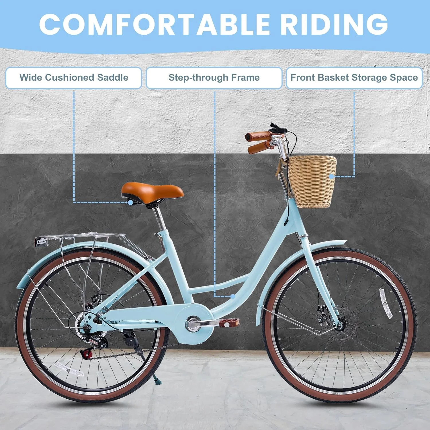 26" Beach Cruisers for Women, Bikes for Women with Rattan Basket, 7-Speed Step-Through Frame(Light Blue/26") - Image 4