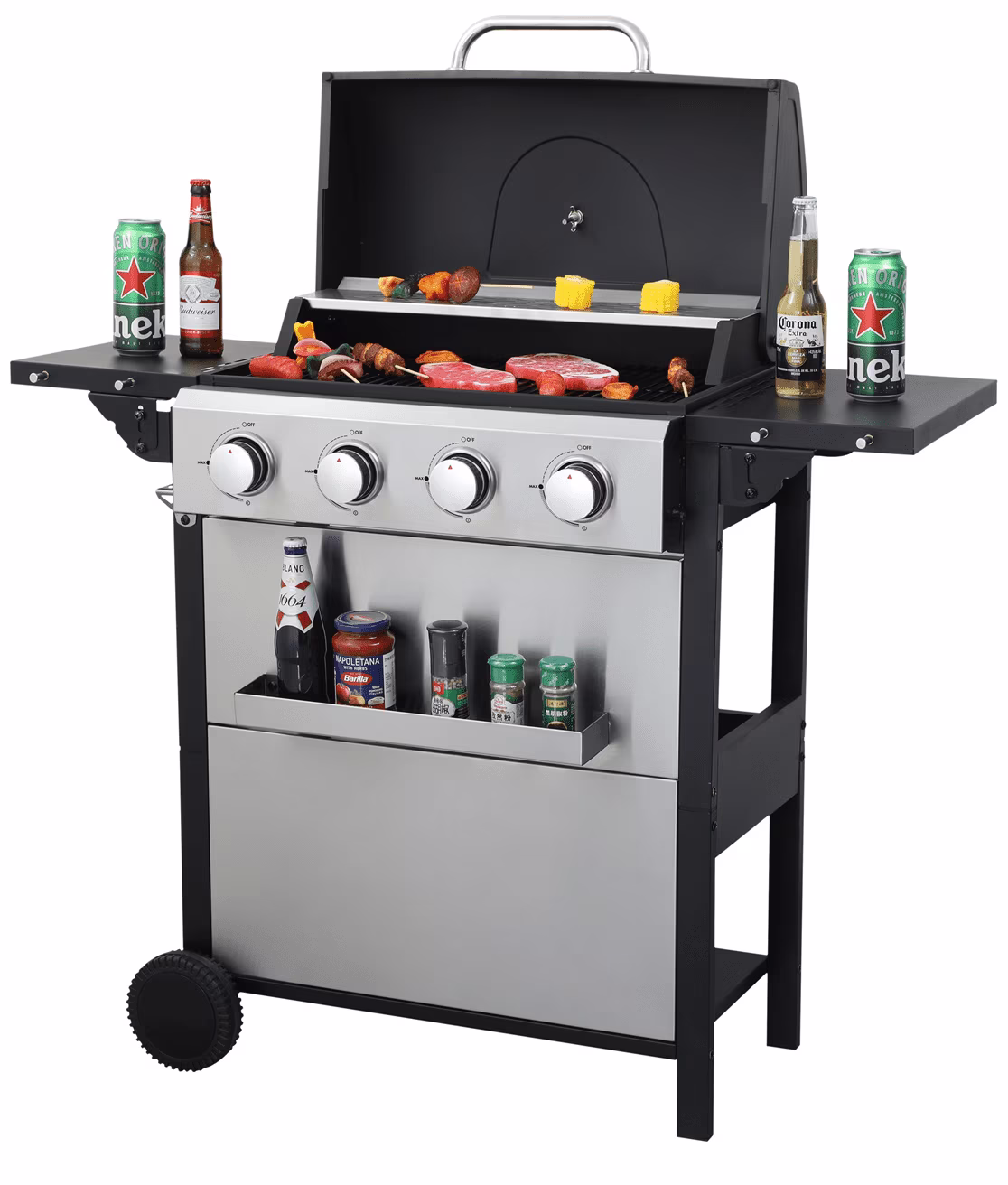 HighSound 3 Burner BBQ Propane Gas Grill, Stainless Steel 25650 BTU Patio Garden Barbecue Grill with Wire Enamel Cooking Grids & Foldable Shelves, Black